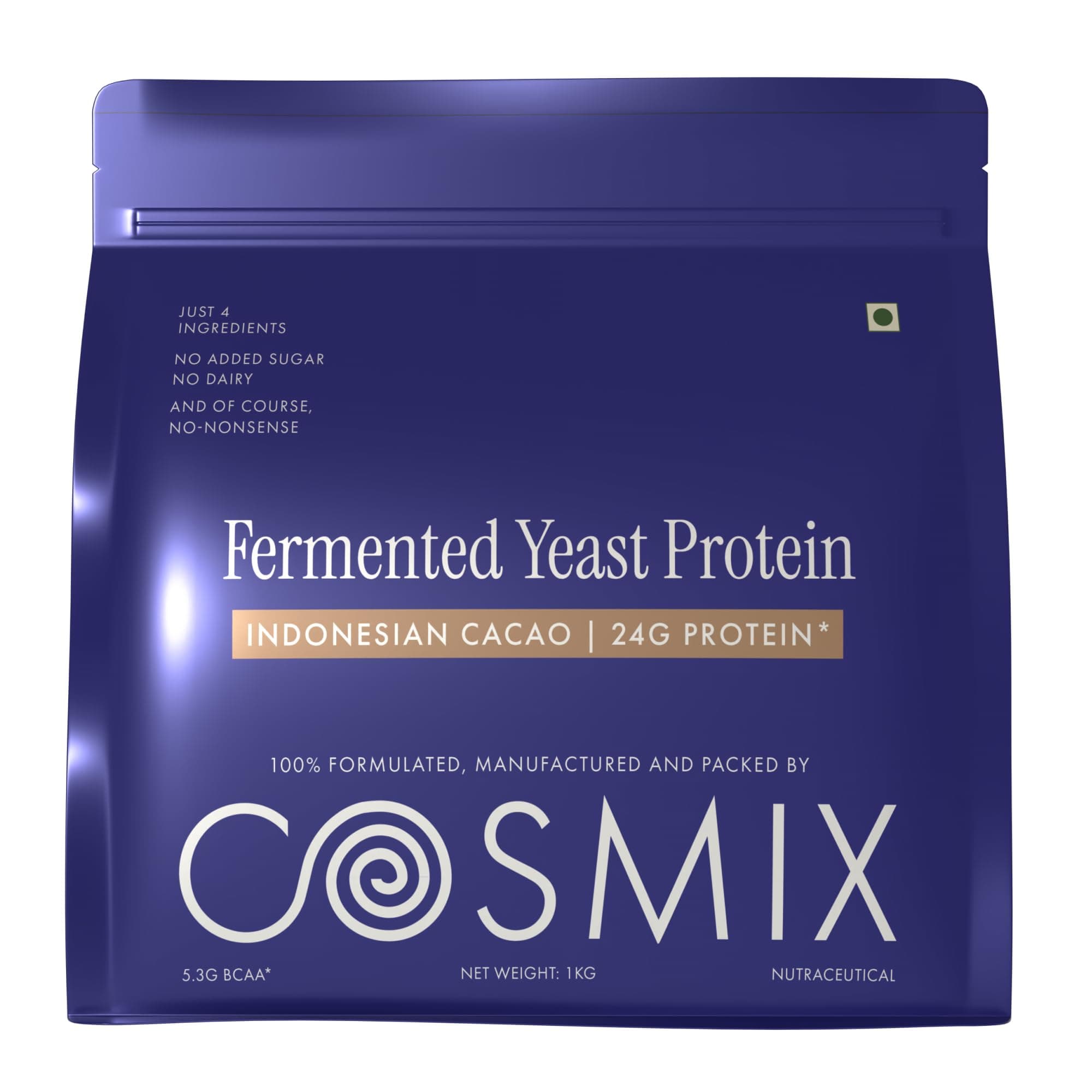 Cosmix Fermented Yeast Protein Powder | 24g Protein | Pure Single-Source Plant Protein | Made In-House | Smooth, Crazy tasty & Gut-Friendly | Indonesian Cacao, 1Kg Pouch