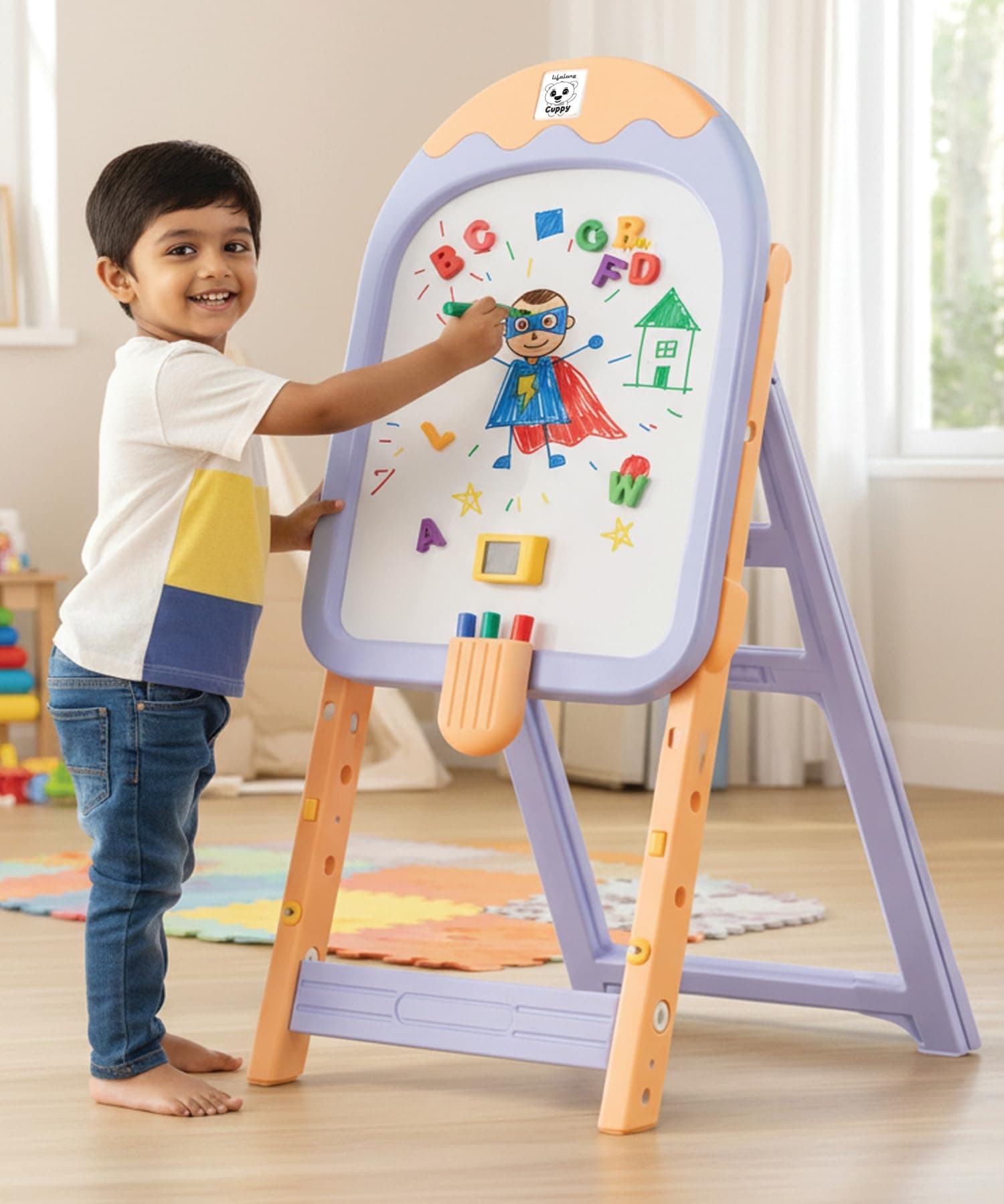 Lifelong Cuppy Easel Board for Kids, Height Adjustable Standing Drawing & Writing Board with Magnetic Numbers & Math Signs, Marker & Duster for Home Learning, Age 2–6 Yrs (LLCWEBK03)