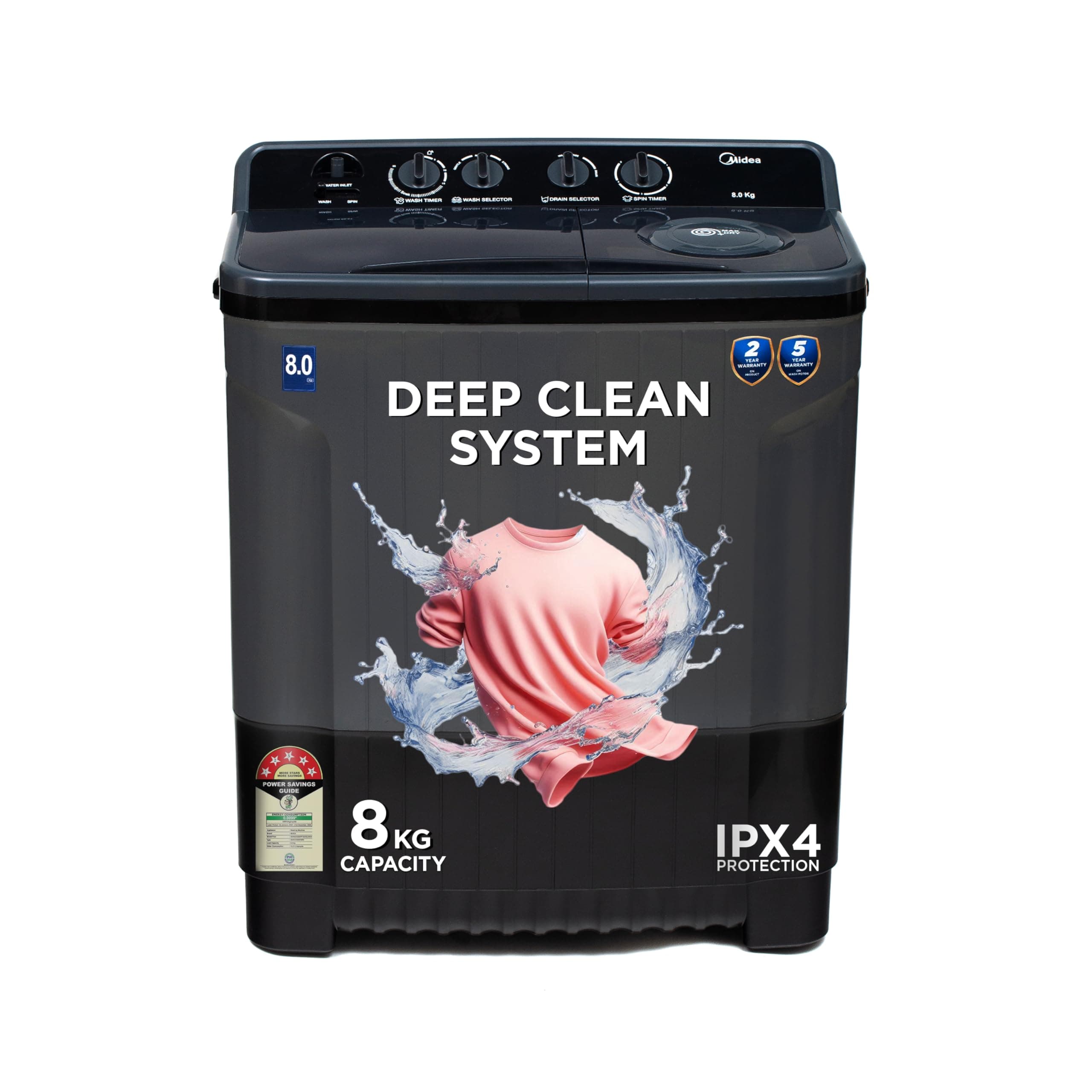 Midea 8 Kg 5 Star Semi Automatic Top-Load Washing Machine Black Grey (MWMSA080PPG(KG), Rat Away Feature, Air Jet Dry IPX4 Protection)