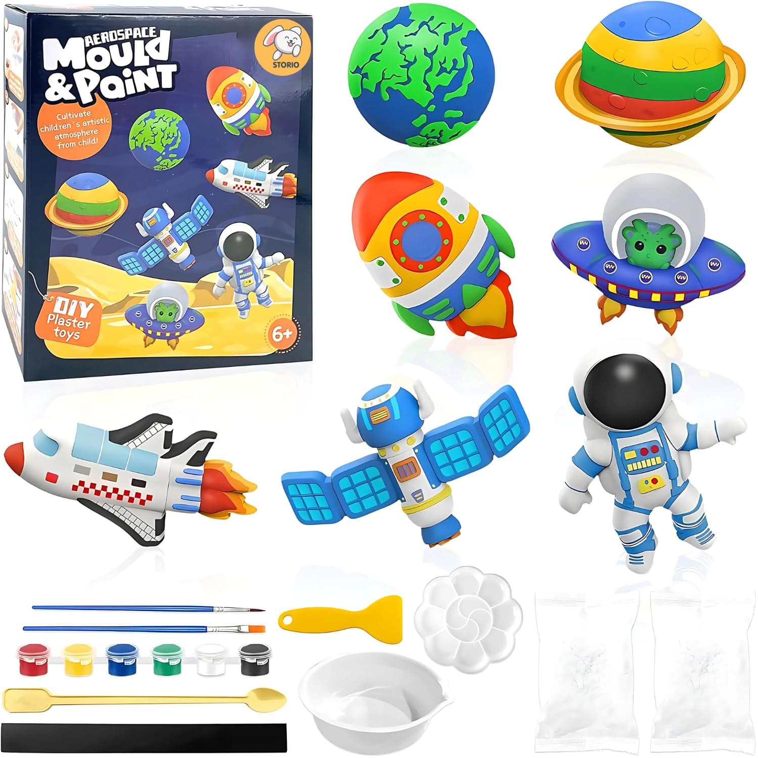 Storio Toys DIY Mould & Paint Craft Kit - Astronauts Space Kids DIY Craft for 5 Years Plaster Figurine Set with Pigments Palette & Mold Painting Art & Craft Set -Gift Toys for 3 to 8 ysMulticolour