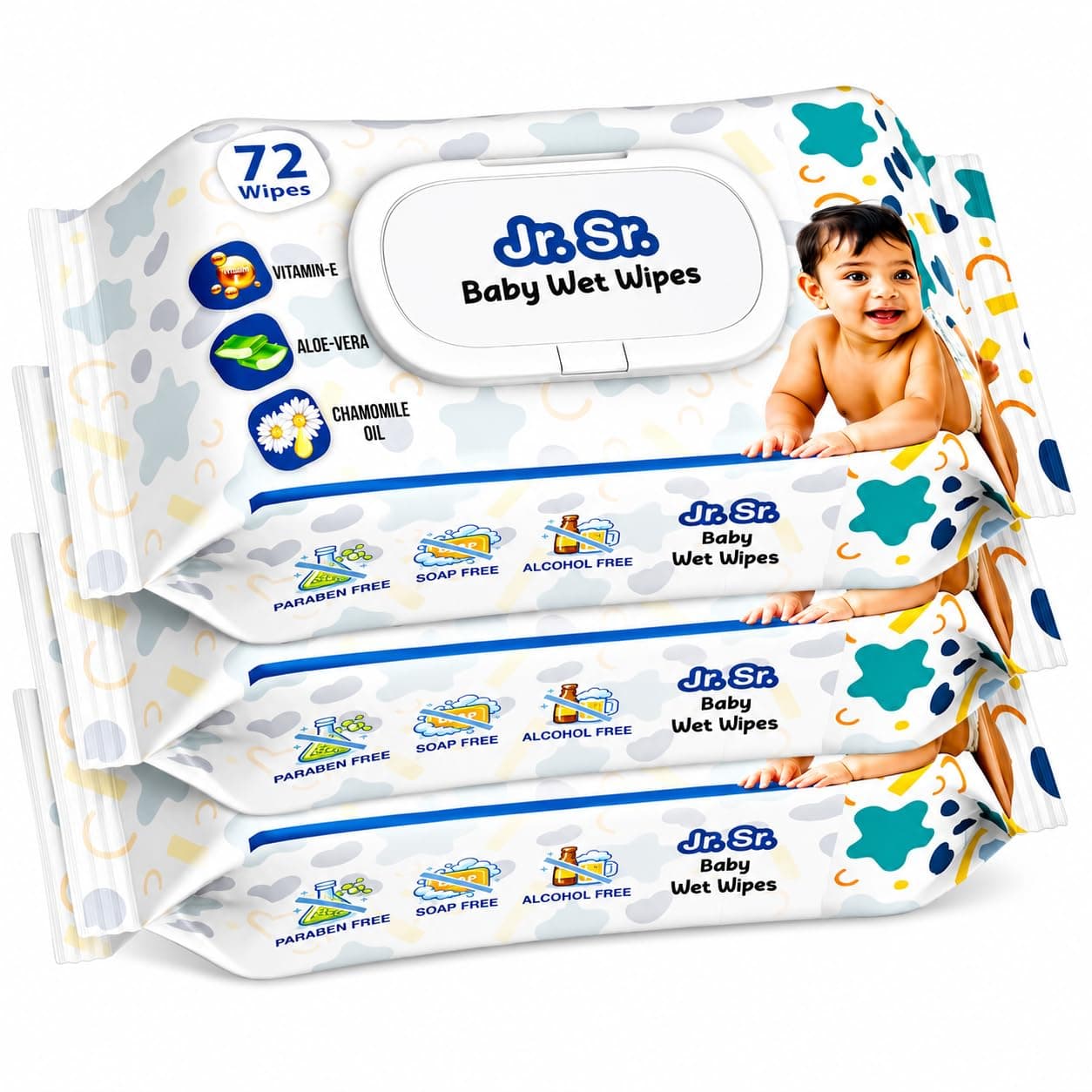 Jr. Sr. Baby Wipes With Lid | 72 Wipes x Pack of 3, 216 Wipes | Safe & Moist Wet Wipes for Babies | Prevents Rashes & Redness with Goodness of Aloe Vera, Vitamin E & Chamomile Oil | No Paraben & No Alcohol