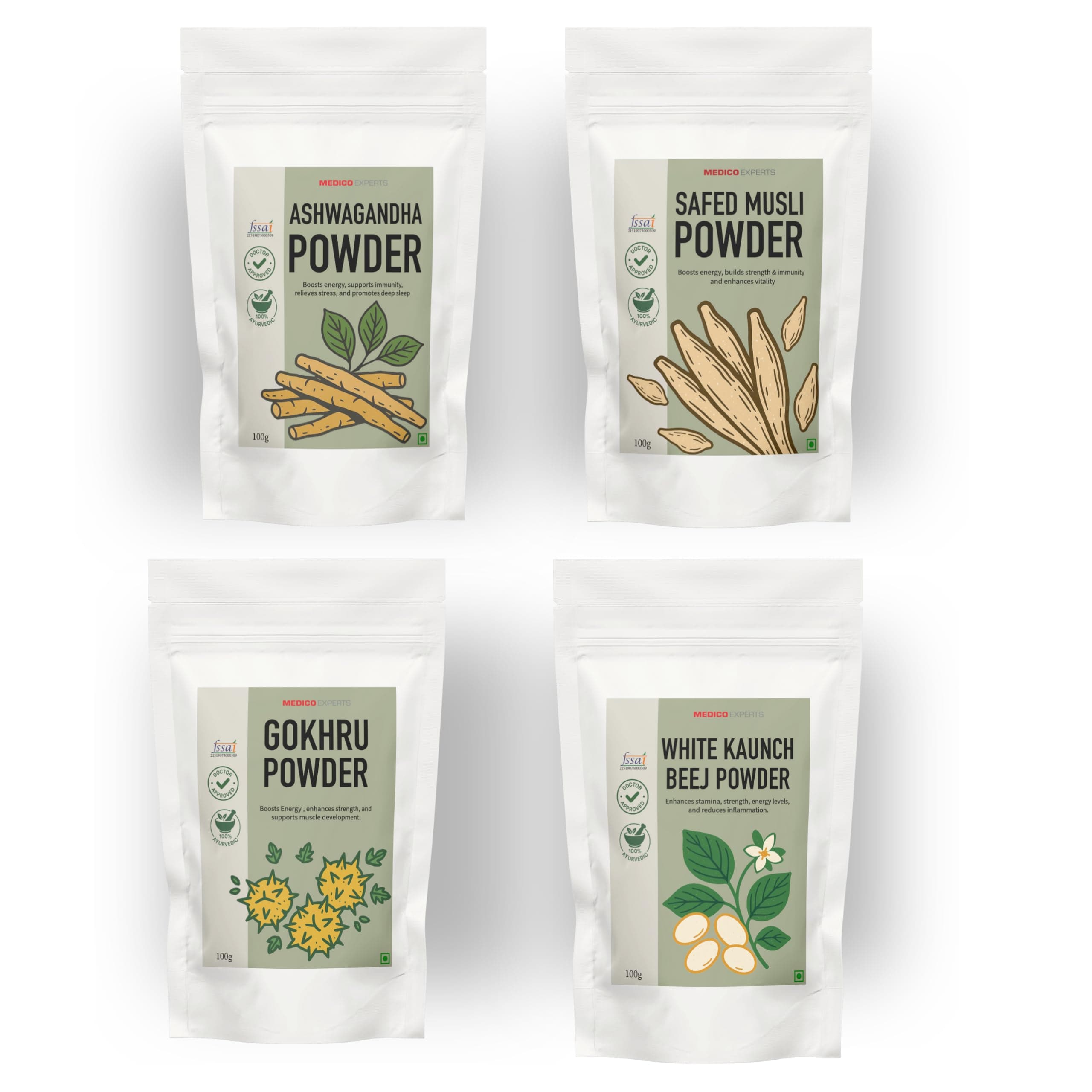 Ashwagandha Powder, Safed Musli Powder, White Kaunch Beej, Gokhru Combo pack | Pure & Natural | For Energy & Natural Immunity 100g x4 (100g each)