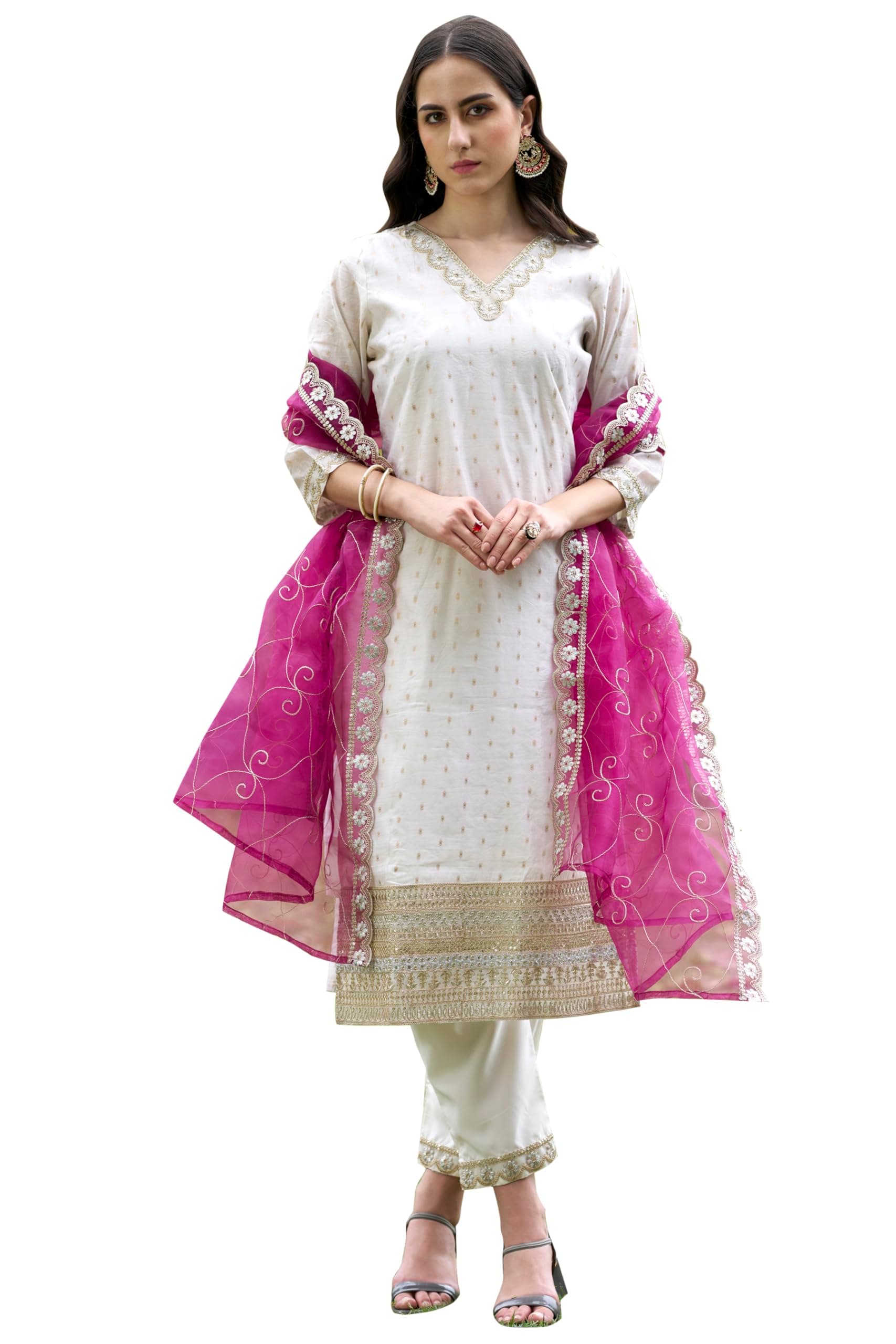 VredeVogel Women's Chanderi Silk Embroidered Kurta with Pant & Organza Dupatta Set | Casual Outfit Ethnic Kurta Set for Women | Modern and Traditional Blend Ethnic Wear