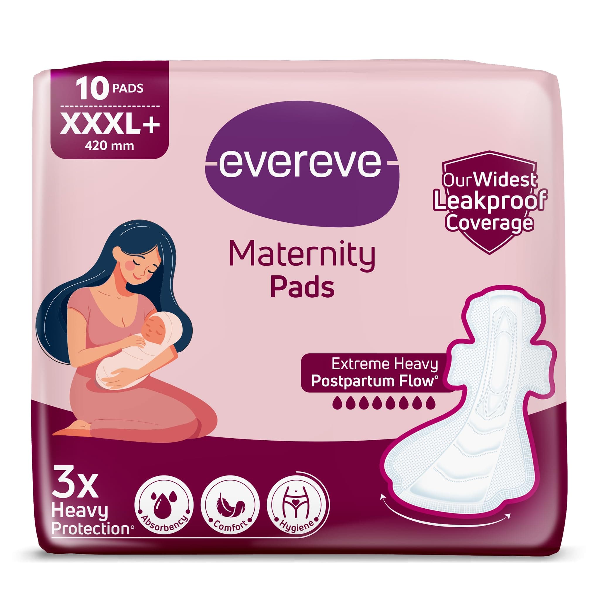 Evereve Maternity Pads XXXL+ 420mm, Widest Leakproof Coverage, 3X Absorbency, Comfort & Hygiene, Soft & Irritation-Free, Postpartum Pads for After Birth Recovery, Extreme Flow Protection, Pack of 10