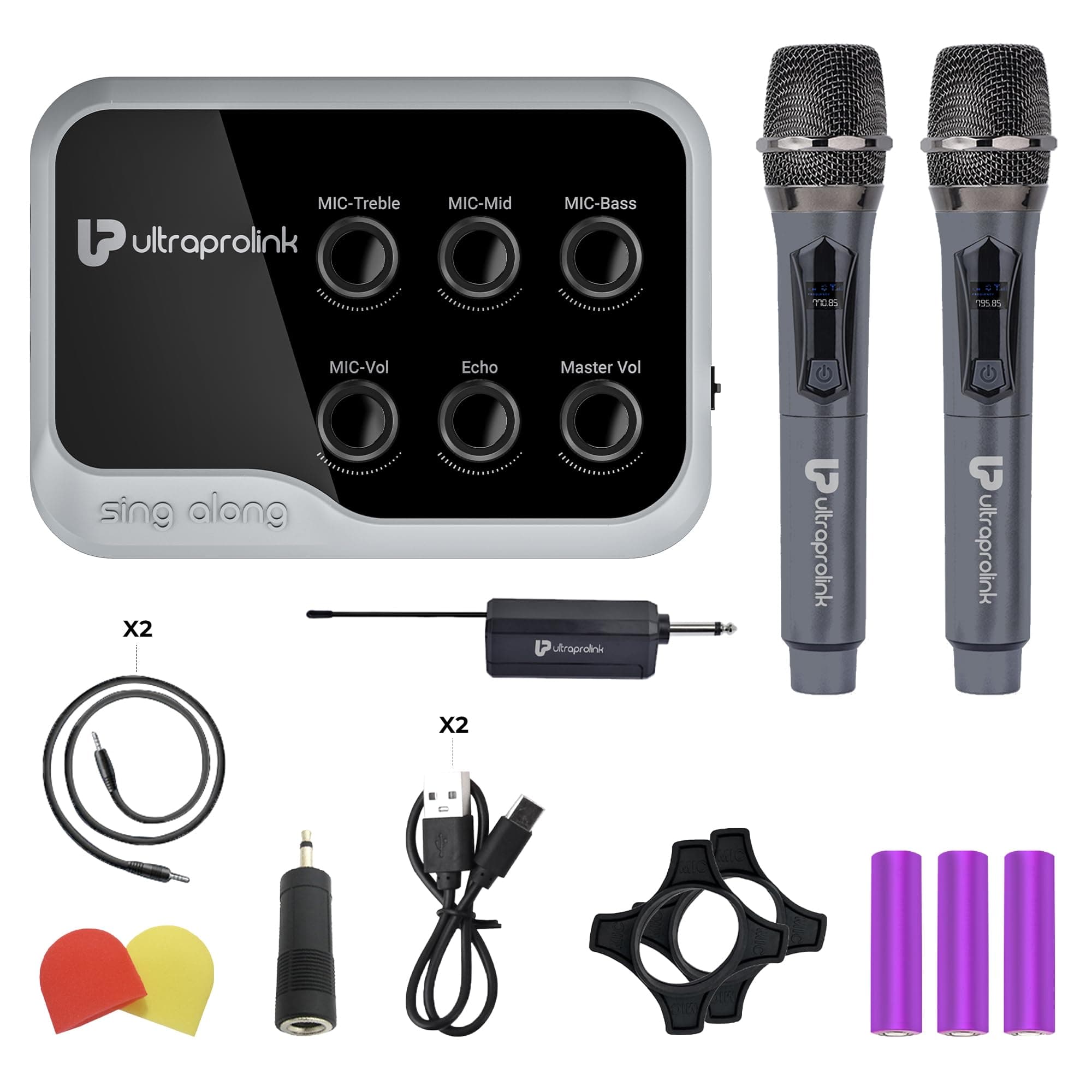 UltraProlink Sing Along Duet | Portable Bluetooth Karaoke Mixer | 2 Wireless Dynamic Mics | With Recording | Sound Card for Karaoke,Podcast, Singing, Live Stream,Broadcast| UM1002D | Grey