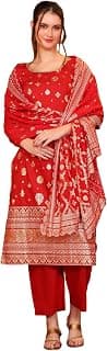 Aurelia Women’s Abstract Printed Tape Ornamented Straight Red Kurta, Palazzo and Dupatta Set