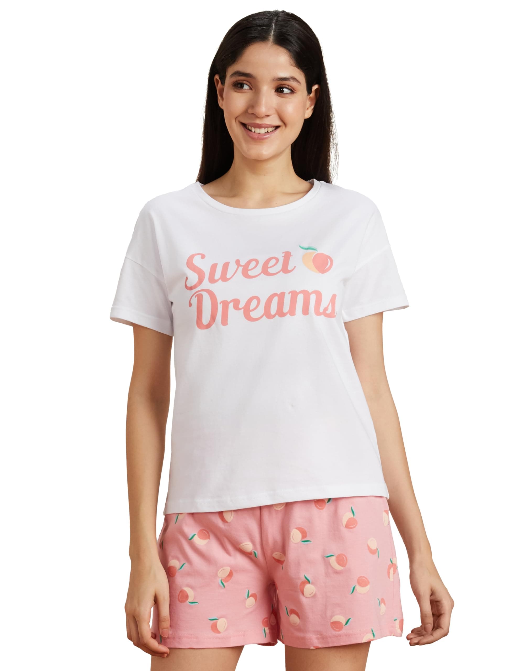 Amazon Brand - Symbol Women Cotton Regular Fit T-Shirt and Shorts Night Suit | Two Piece Set (Available in Plus Sizes)