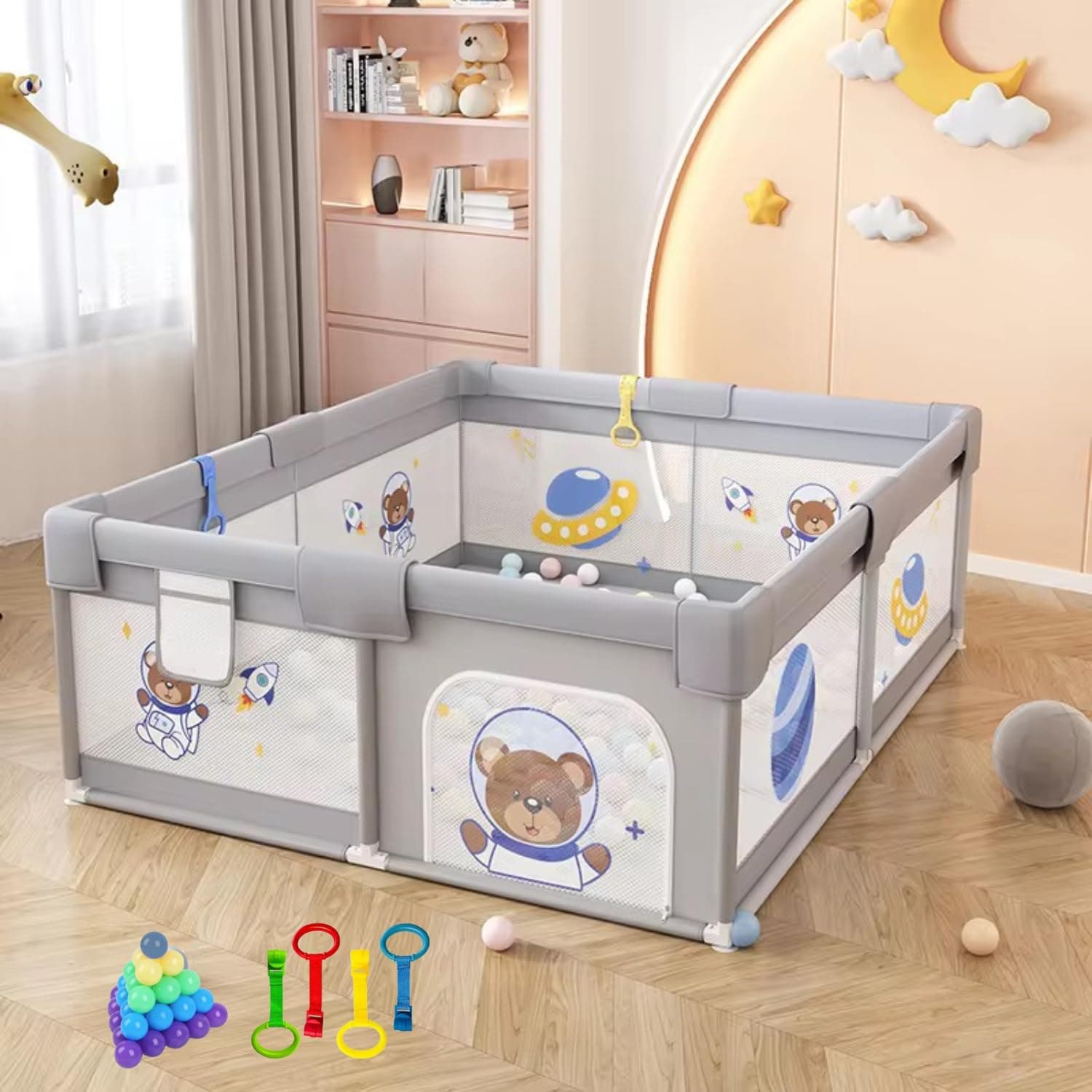 MONSTECH Large Baby Playpen 150x180cm Playpen for Baby up to 5 Years with Anti-Fall Rings, Safety Lock, Breathable Mesh, Kids Activity Center Play Pen (180-150-GreyPrinted)