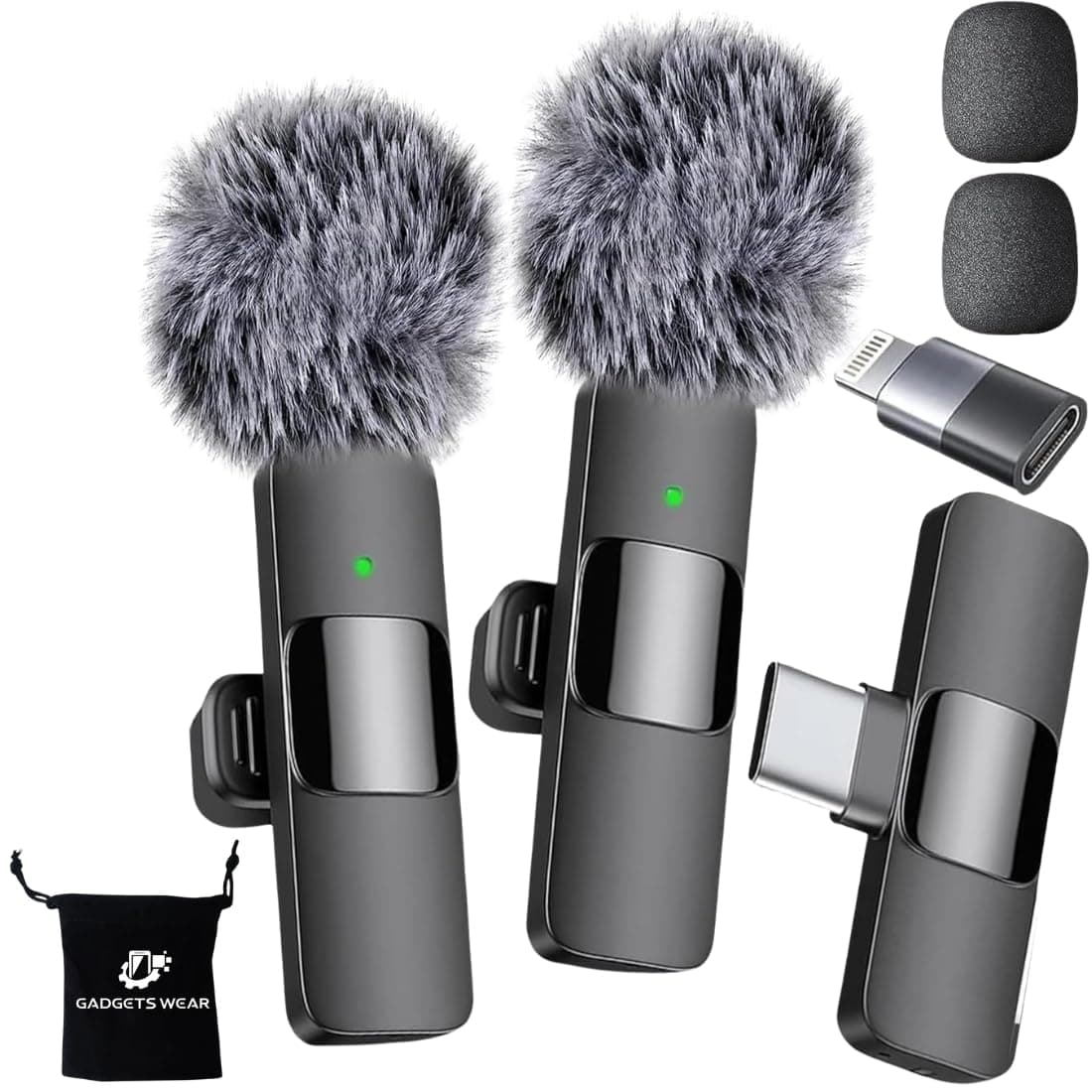 GADGETSWEAR Dual Wireless Lavalier Microphone, Noise Cancelling Clip-On Mic with LED Display, Auto Pairing, 360° HD Sound, Plug & Play for iPhone, iPad, Android – Vlog, YouTube, Podcast (BlackClr)