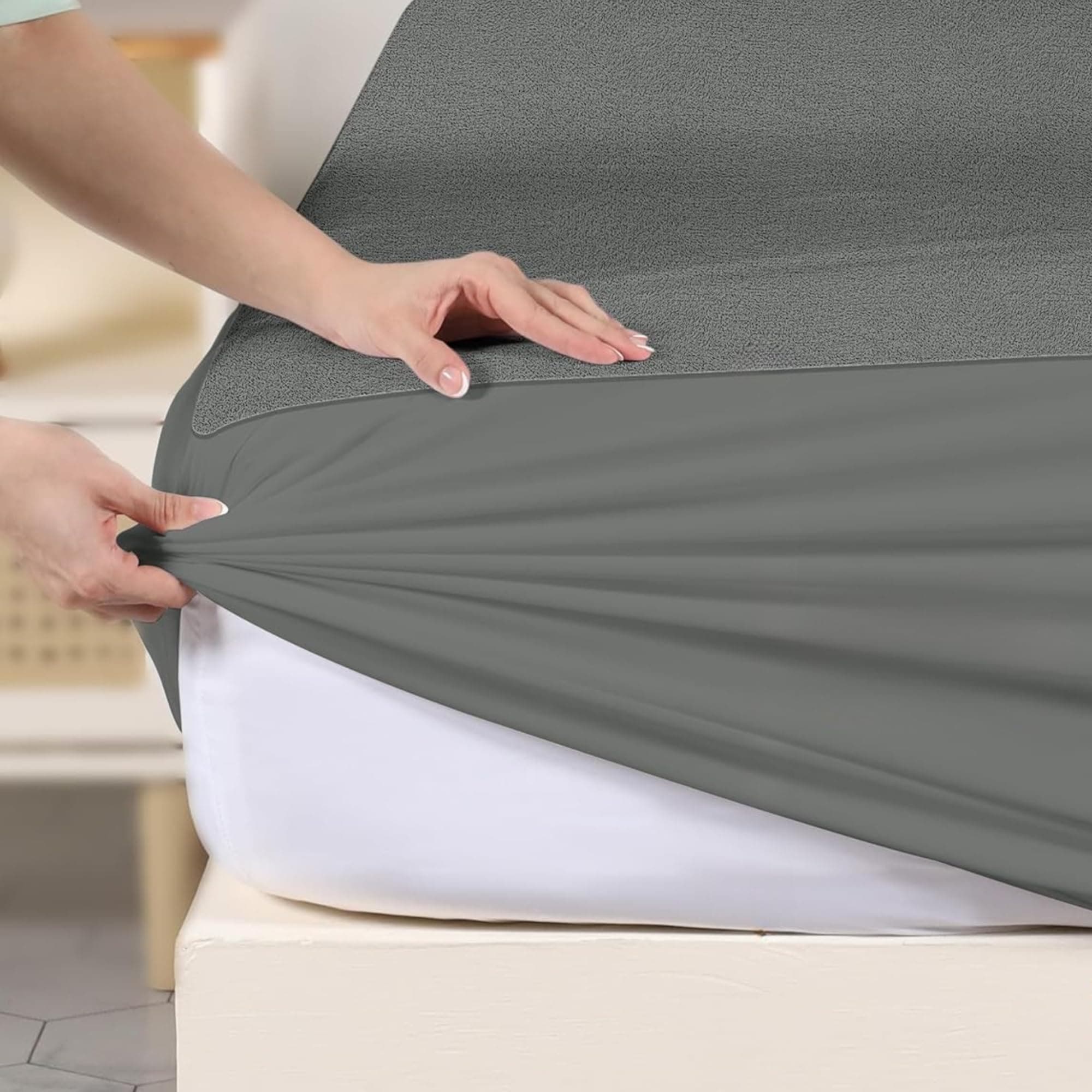 9villa 100% Waterproof Premium Cotton Feel Mattress Protector King Size| Ultra Soft Breathable & Hypoallergenic Fitted Bed Protector Terry Cover | Fits Upto 10 Inches (Grey, 72 x 78,6x6.5 Feet)