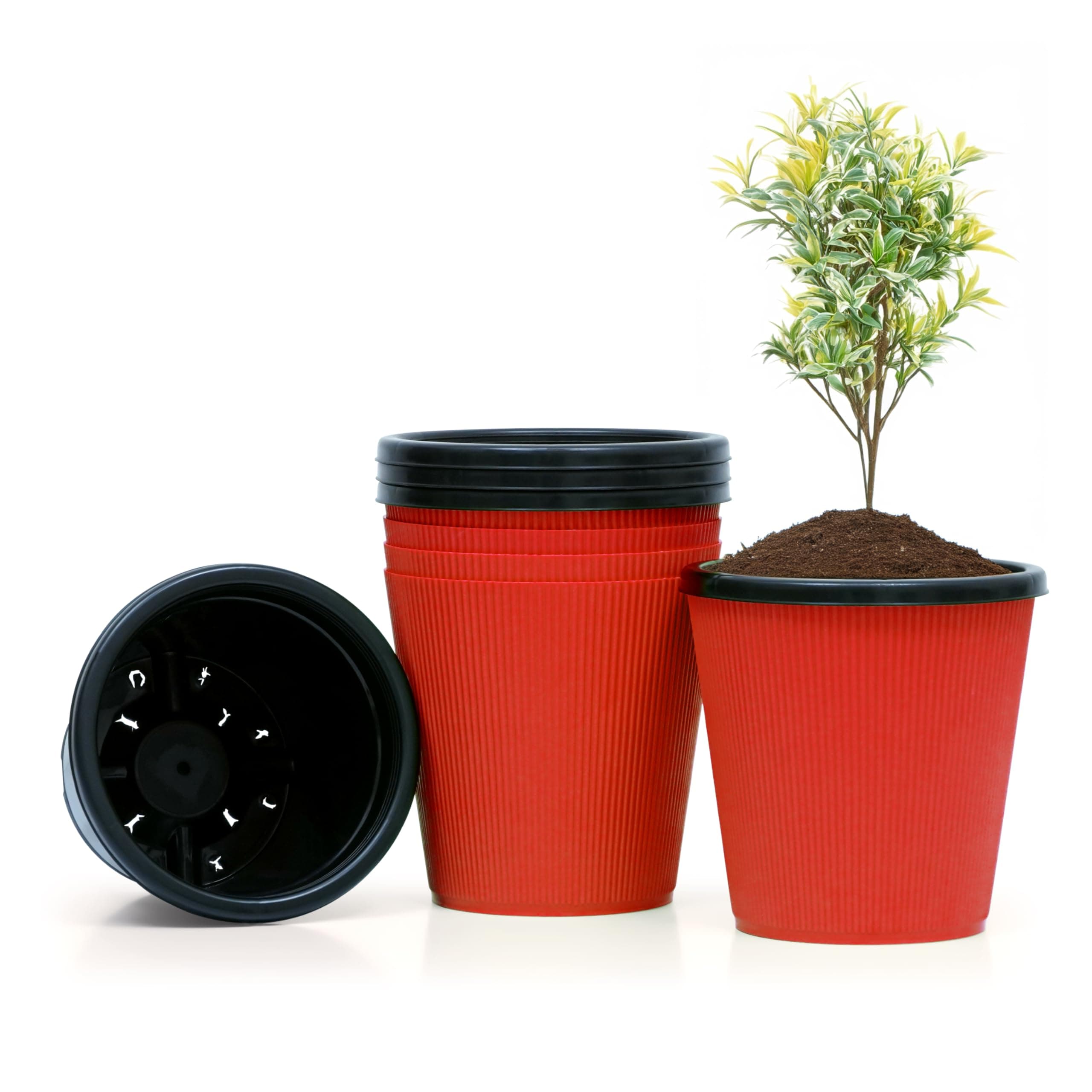 Livzing 9 inch Plastic Flower Pots | Self Watering Pot with Drain Holes | Gamla Plant Container for Home | Decor Planters for Indoor & Outdoor, Balcony, Terrace, Garden (Pack of 5, Red)