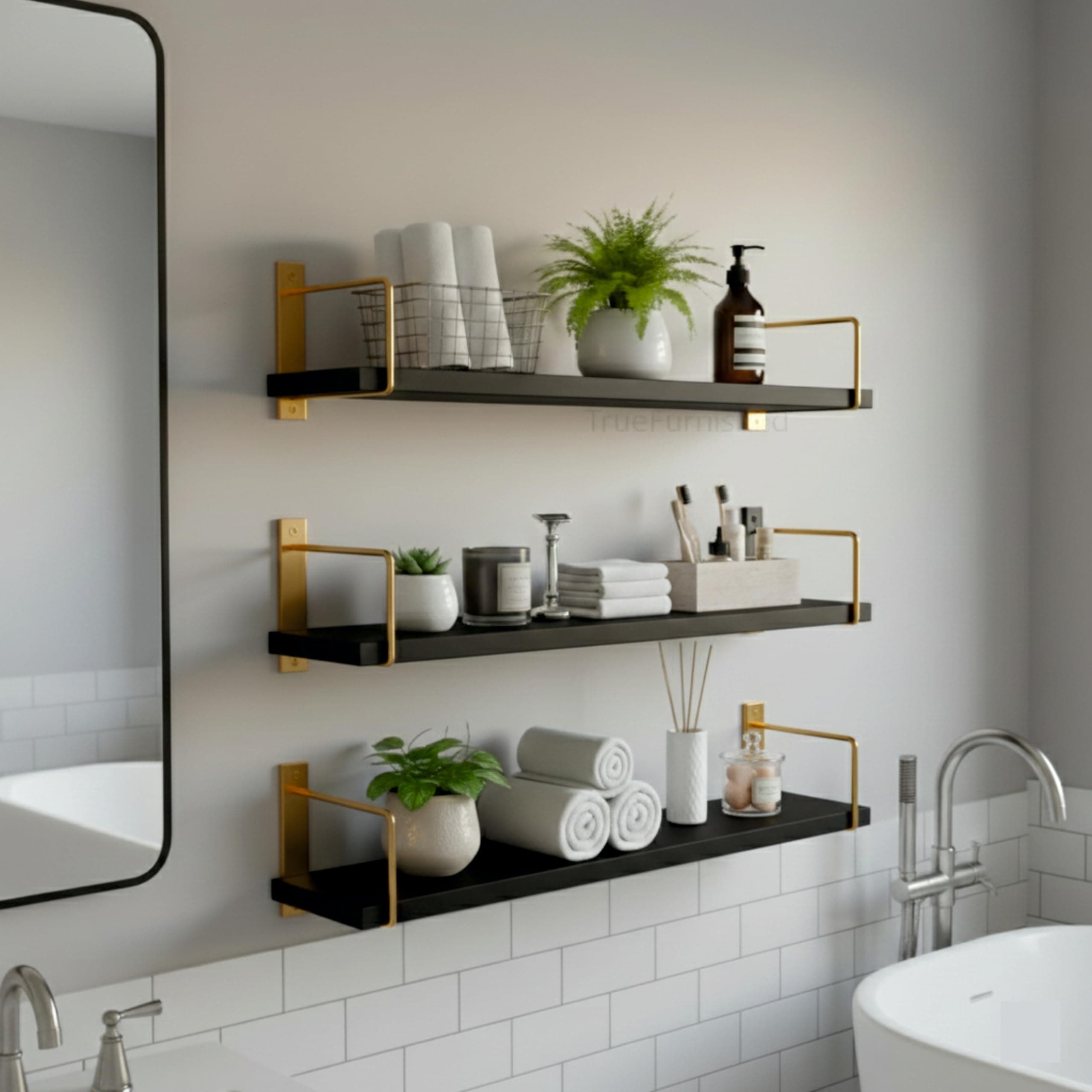 TrueFurnished Wall Shelf Mounted Bathroom Shelves Pack of 3, Golden Black Floating Shelves with Metal Brackets, Wall Storage Display Rack Toiletries, Organizer, Kitchen, Bedroom, Living Room 23.5"