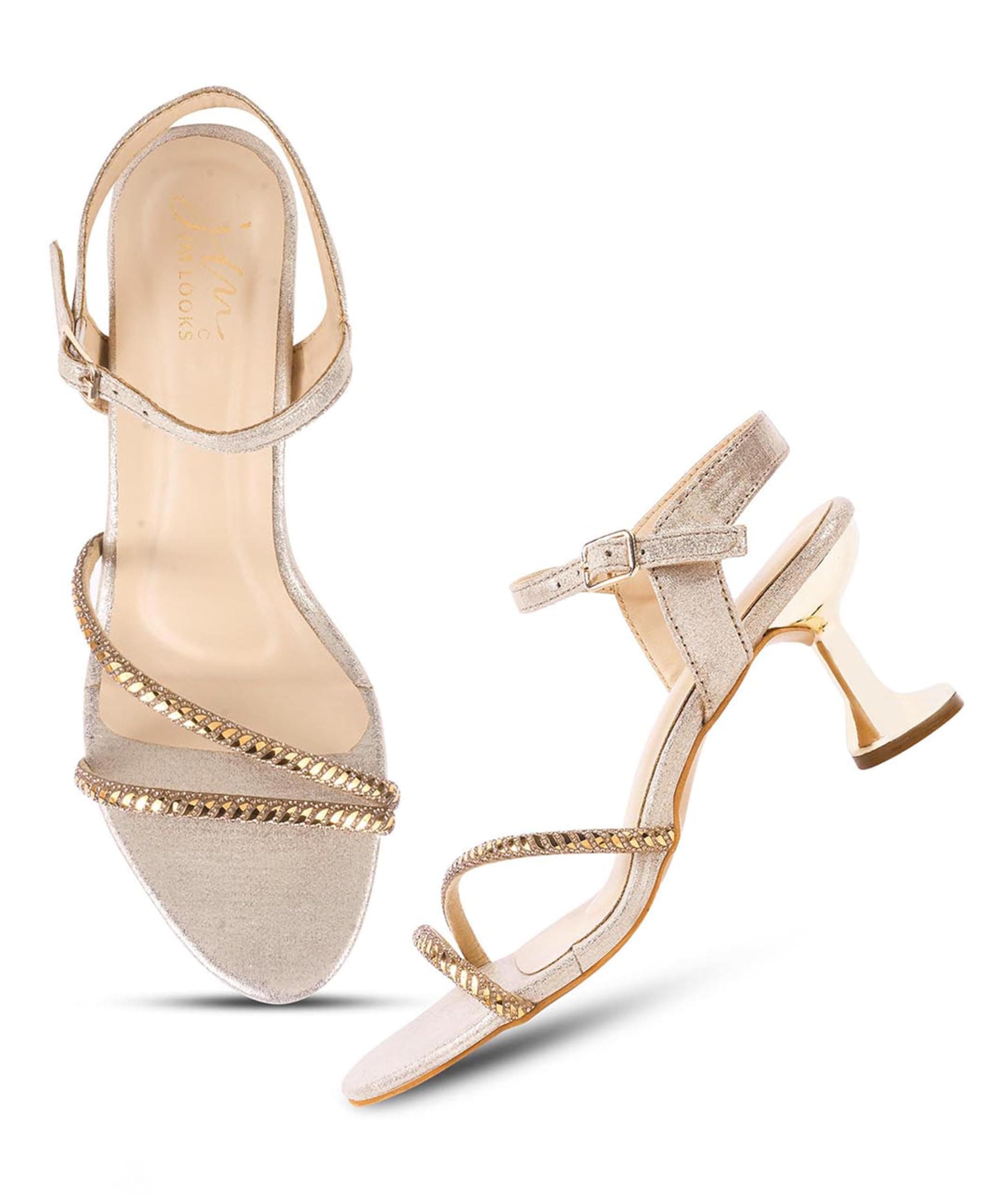 JM LOOKS Women's & Girls Kitten Heel Elegant Dual Strappy Heel Sandal Ankle Buckle with Embellished Rhinestone Upper for Wedding, Party, Casual, Office