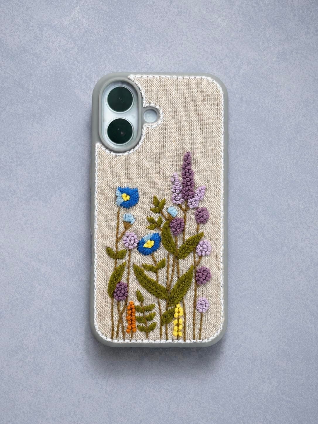 Dilstitch Lavender Floral Embroidered Phone Case for iPhone 17, Cottagecore Wildflower Design, Linen Cloth Back, Hand-Embroidered by Women Artisans (Lavender)