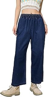 Shasmi Girl's & Women's Denim Cotton Elastic Waist Cropped Straight Ankle Length Wide Leg Casual Baggy Jeans for Women, Trousers Pant for Women (Jeans 239)
