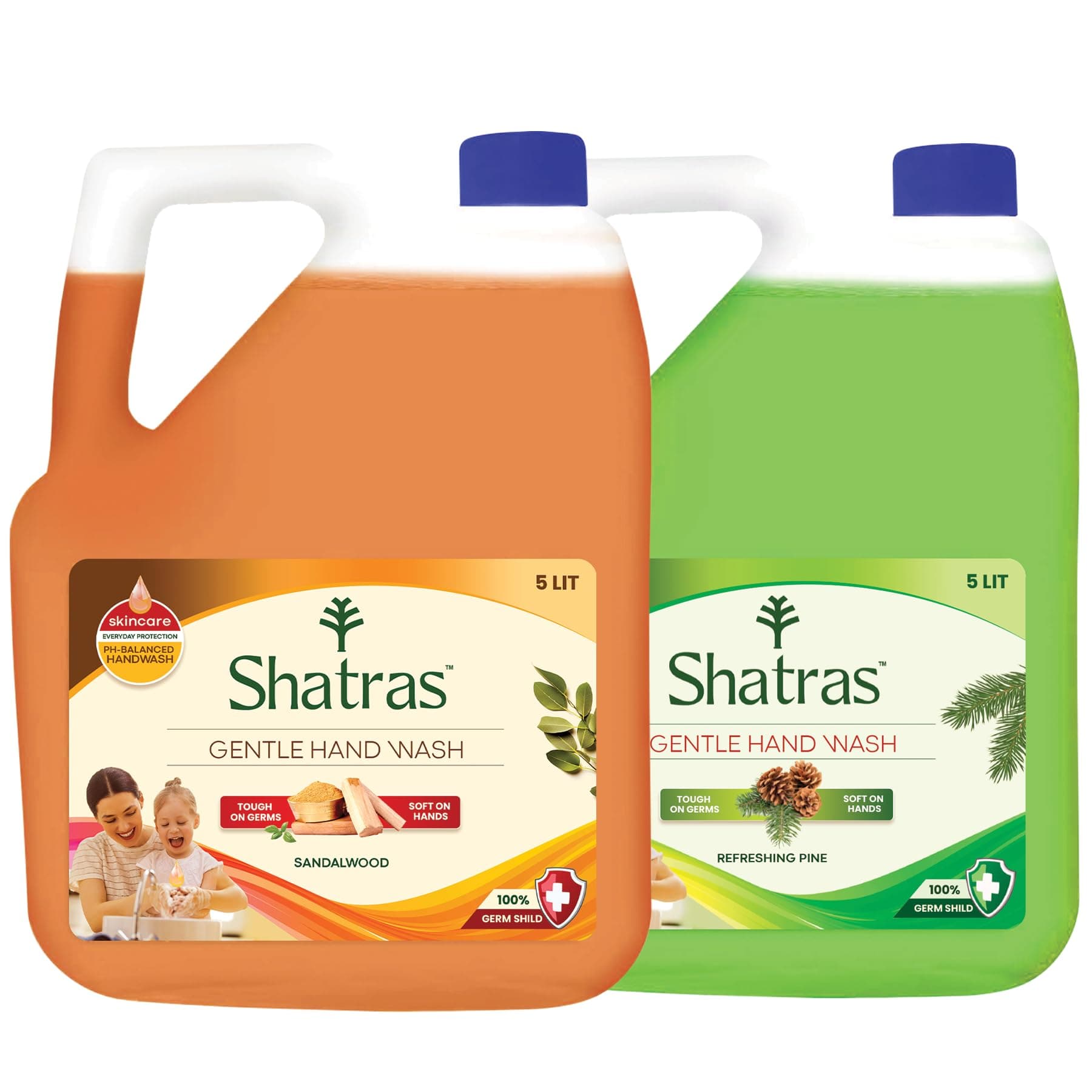 Shatras Handwash Liquid Refill Can - Refresh Pine & Sandalwood | pH Balanced | Soothes & Hydrates Skin | Antibacterial 99.9% Germ-Protect | Soft On Hands (Pack Of - 2, 5L each)