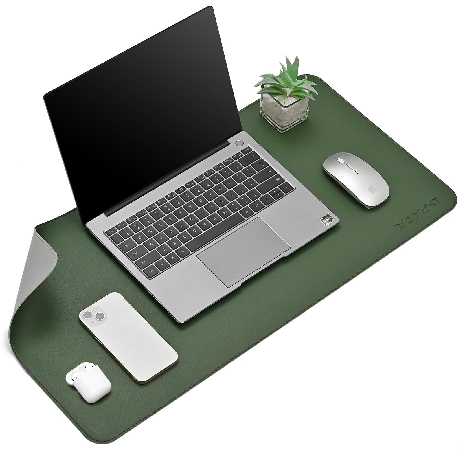 AROPANA Vegan Leather Desk Mat 70x35cm | Large Reversible Mouse Pad & Computer Table Protector | Dual-Side Waterproof Extended Laptop Pad with Edge-Stitched Design (Deep Green & Grey)
