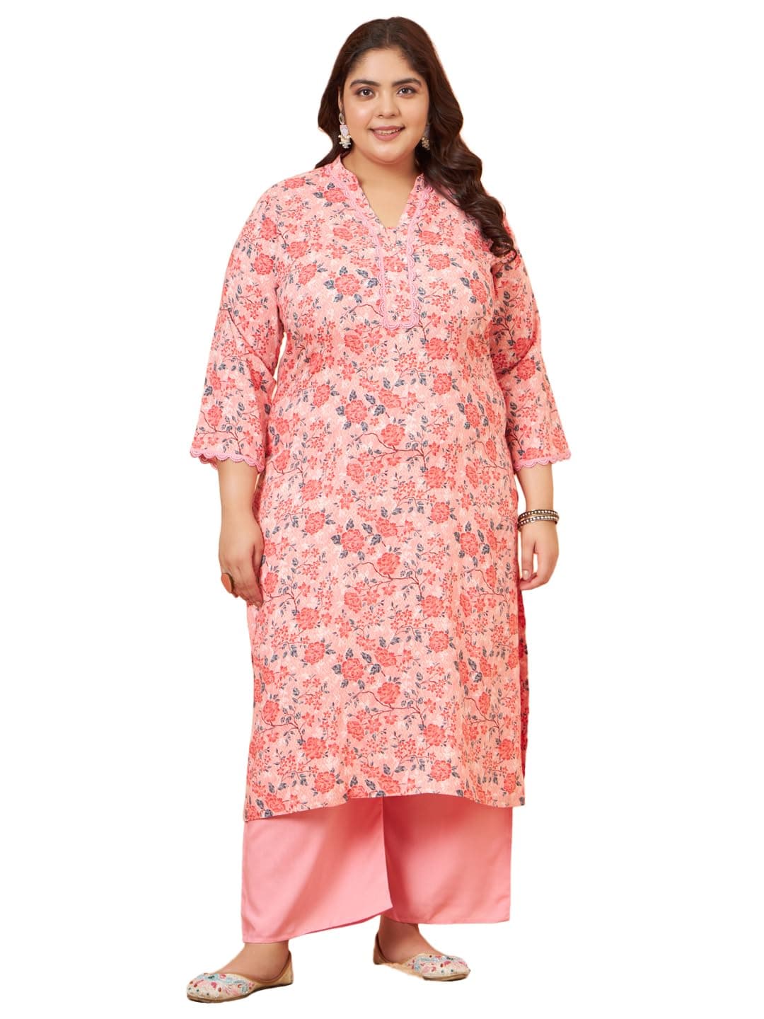 Tissu Plus Women's Peach Floral Printed Kurta & Palazzo