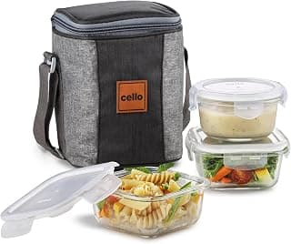 CELLO Glassy Mix Lunch Box with Jacket for Office, Transparent | 2 x 320ml, 1 x 240ml Glass Containers, Microwave Safe Leadfree Toughened Glass, Airtight Leakproof Tiffin Box for Daily Use & Travel