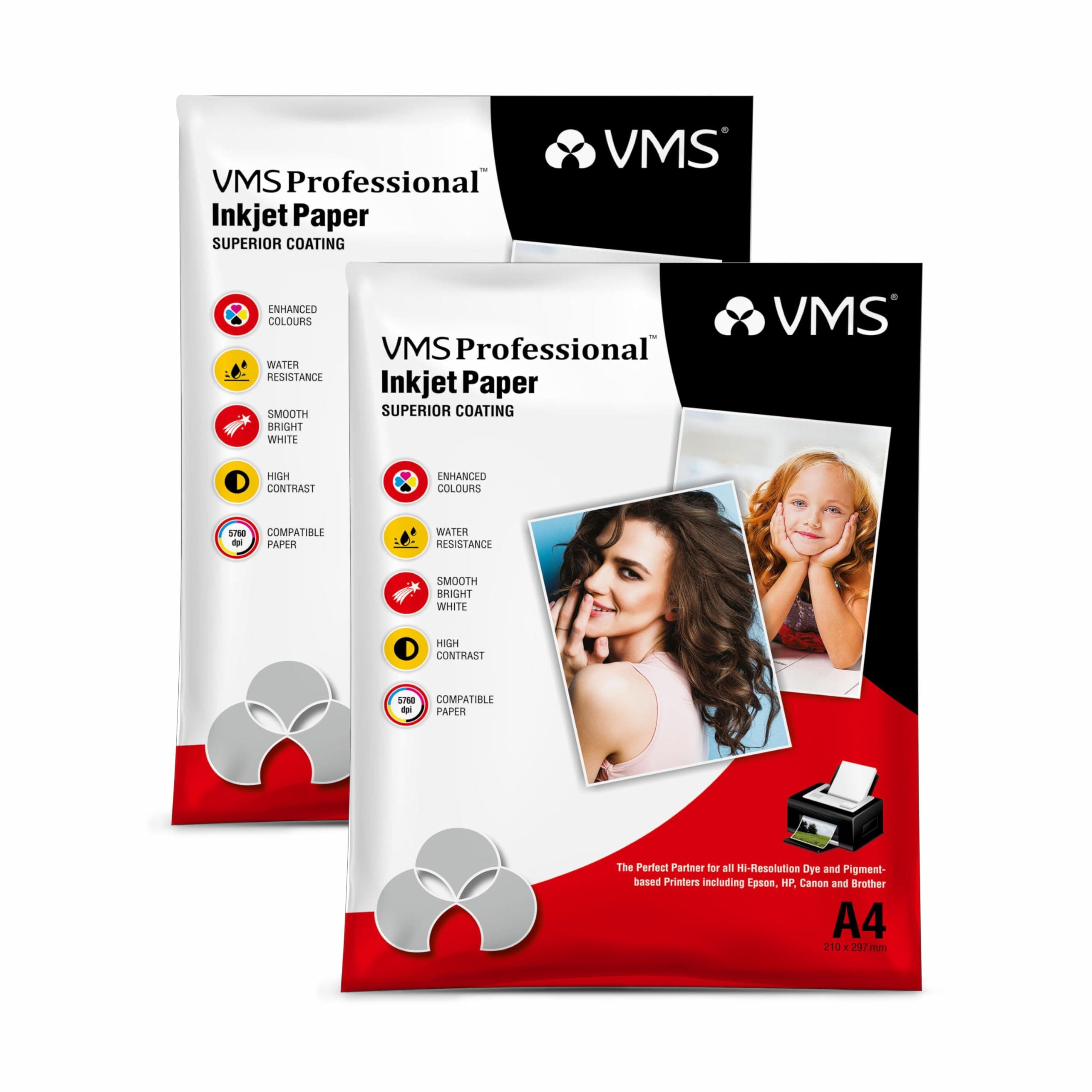 VMS Professional 220 GSM A4 Double Side Glossy Photo Paper – Waterproof, Pack of 2 x 20 sheets, Compatible with all Inkjet Printers