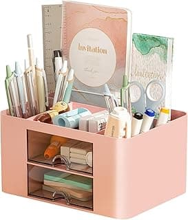 UCRAVO Office Desk Plastic Organizer with Drawer, All in One Office Supplies and Cool Desk Accessories Pen Holder, Enhance Your Decor, Desktop 5 Compartments & 2 Drawer Laddered Desk Organizer (Pink)