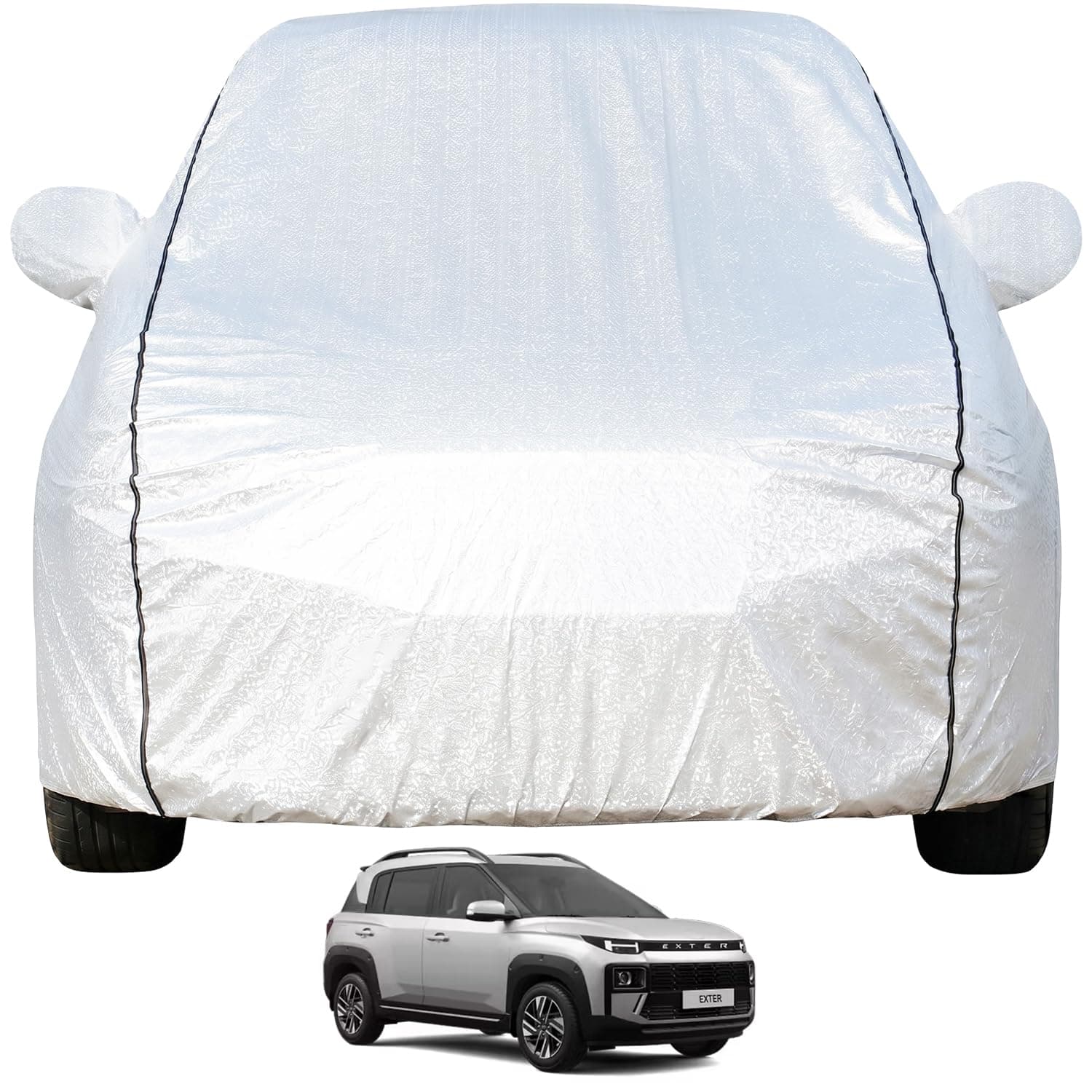 Pivalo Car Cover for Hyundai Exter All Model & Years (2023-2026) 100% Waterproof with Mirror Pockets, Triple Stitched Bottom Elastic Dustproof Full Body Protection (Heat & UV Resistant, Silver)