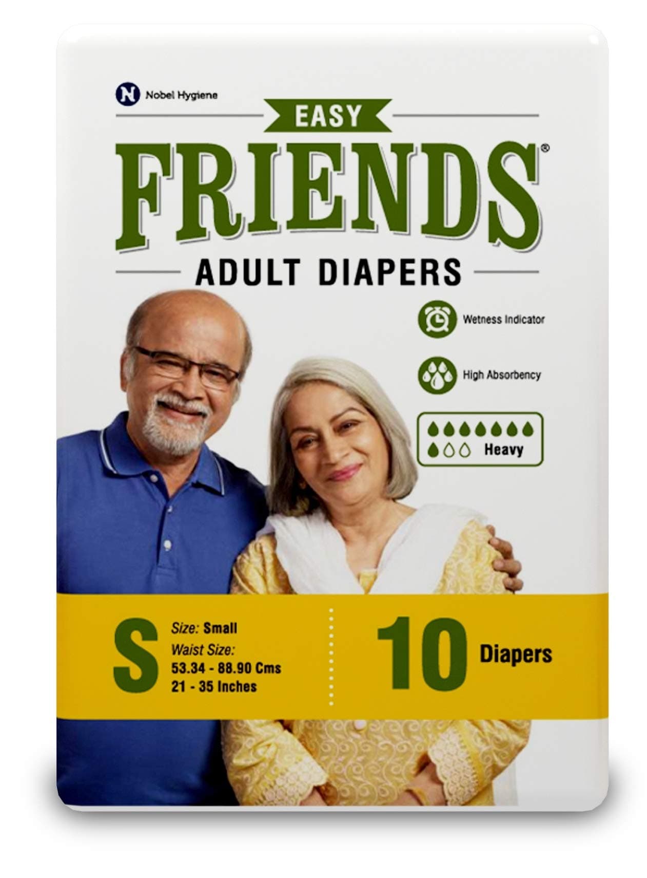 Friends Easy Adult Diaper S Size Tape | 10 Count (Small) | Waist 21 – 35 inch | Unisex | Leakproof | Long Protection hours |Wetness Indicator | Odour Lock | Aloe Vera Extract & Anti-Bacterial Absorbent Core