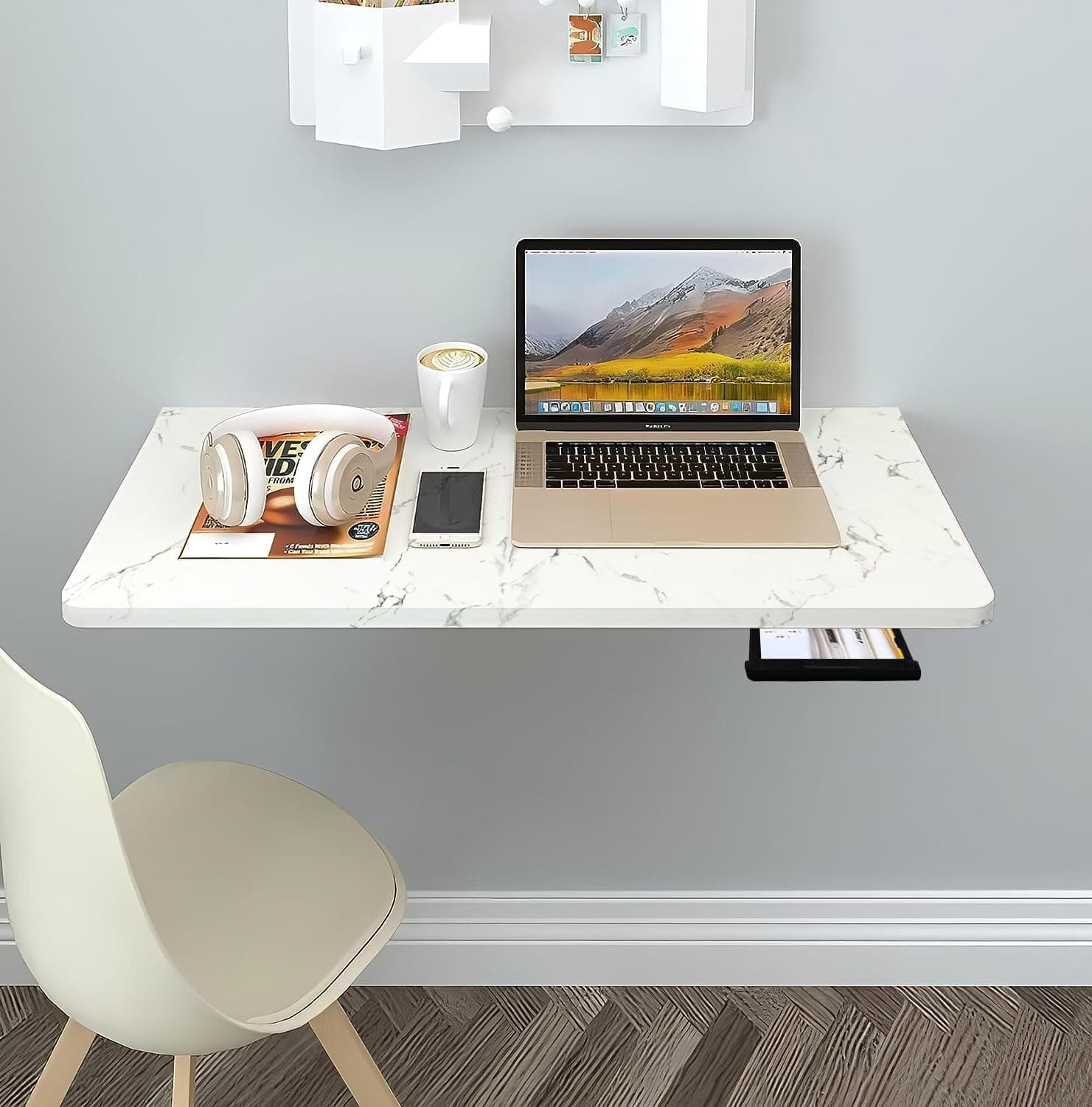 Torche 16x24 Inches Italian Marble Finish Wall Mounted Table| Wall Mount Table| Wall mounted Table Foldable | Wall Table with Drawer(Italian Marble White) Glossy