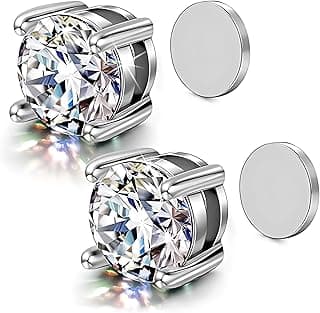 Via Mazzini No-Tarnish No-Rusting Round 6mm Clip-On No-Piercing Required Clear White Crystal Magnetic Ear Stud Earrings For Men And Women (ER2659) 1 Pair