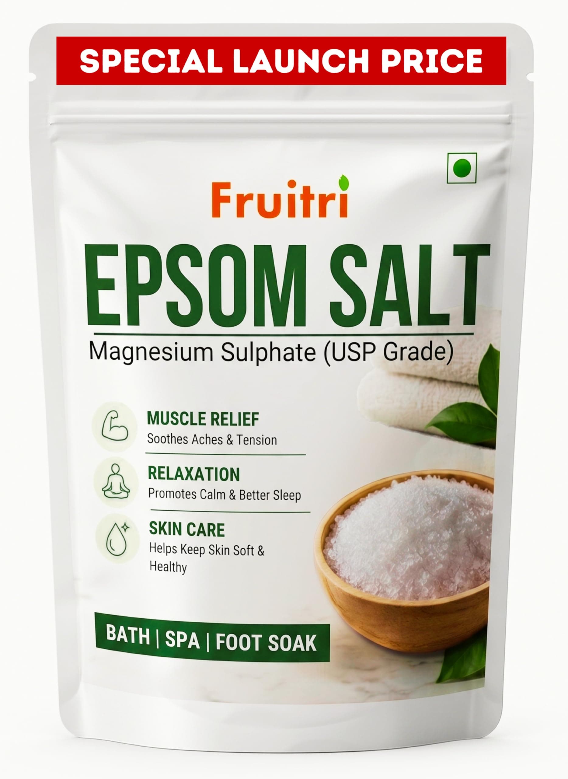 Fruitri Epsom Bath Salt Crystals (Magnesium Sulfate) -1kg, for Relaxing Bath Soak, Helps Soothe Tired Muscles, Refreshing Spa Experience, Natural Bath Salt for Self-Care & Relaxation