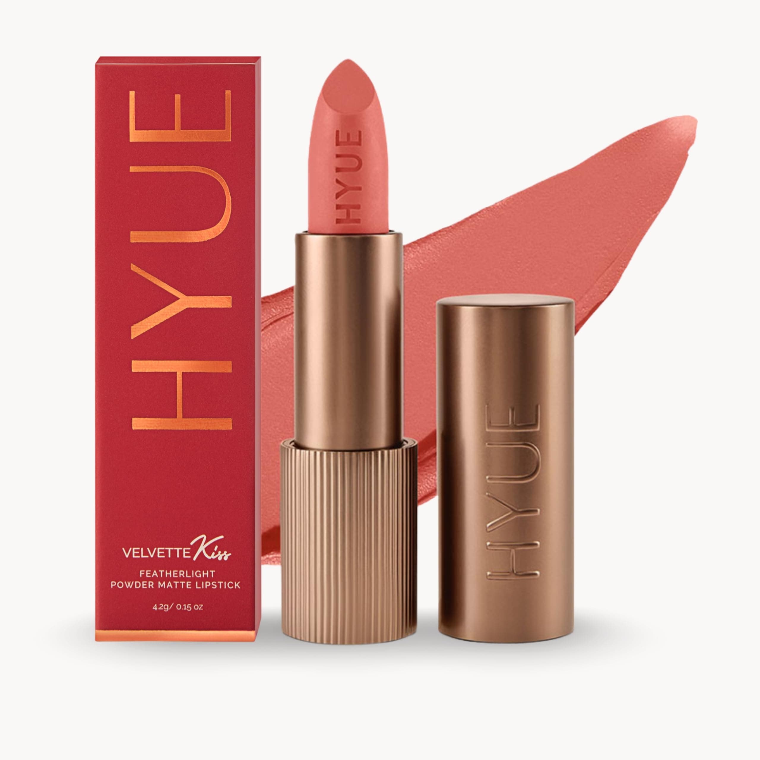 HYUE Velvette Kiss Matte Bullet Lipstick | Peach Please | Feather Light & Powder Finish | Long-Wear Intense Color | with Jojoba, Almond & Gooseberry | Smudge-Proof, Travel-Friendly, Precision Tip