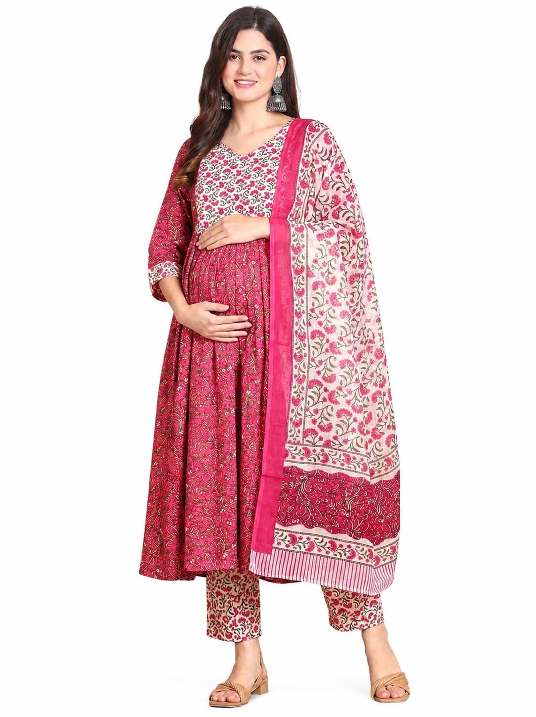 SKY FAB Women Viscose Rayon Anarkali Maternity and Nursing Kurta Set with Dupatta - Blue Floral and Geometric Pattern, 3/4 Sleeves, Comfortable Fit