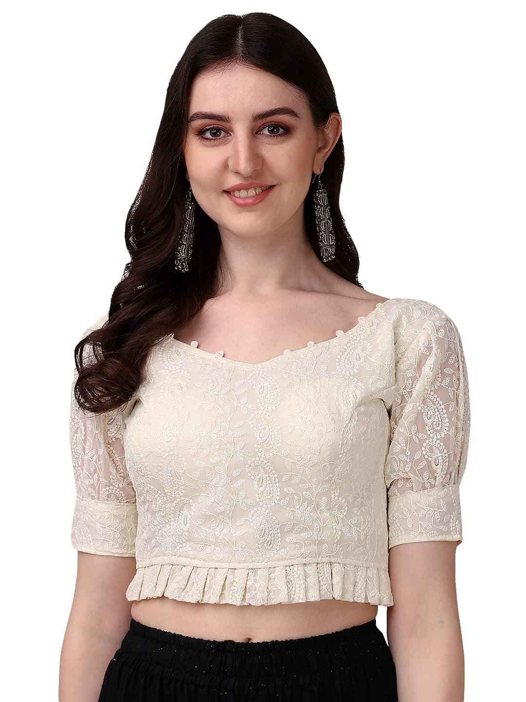 Pujia Mills Women's Georgett Lucknowi Embroidery Puff Sleeve Tie UP Blouse (Lucknowi Tie)