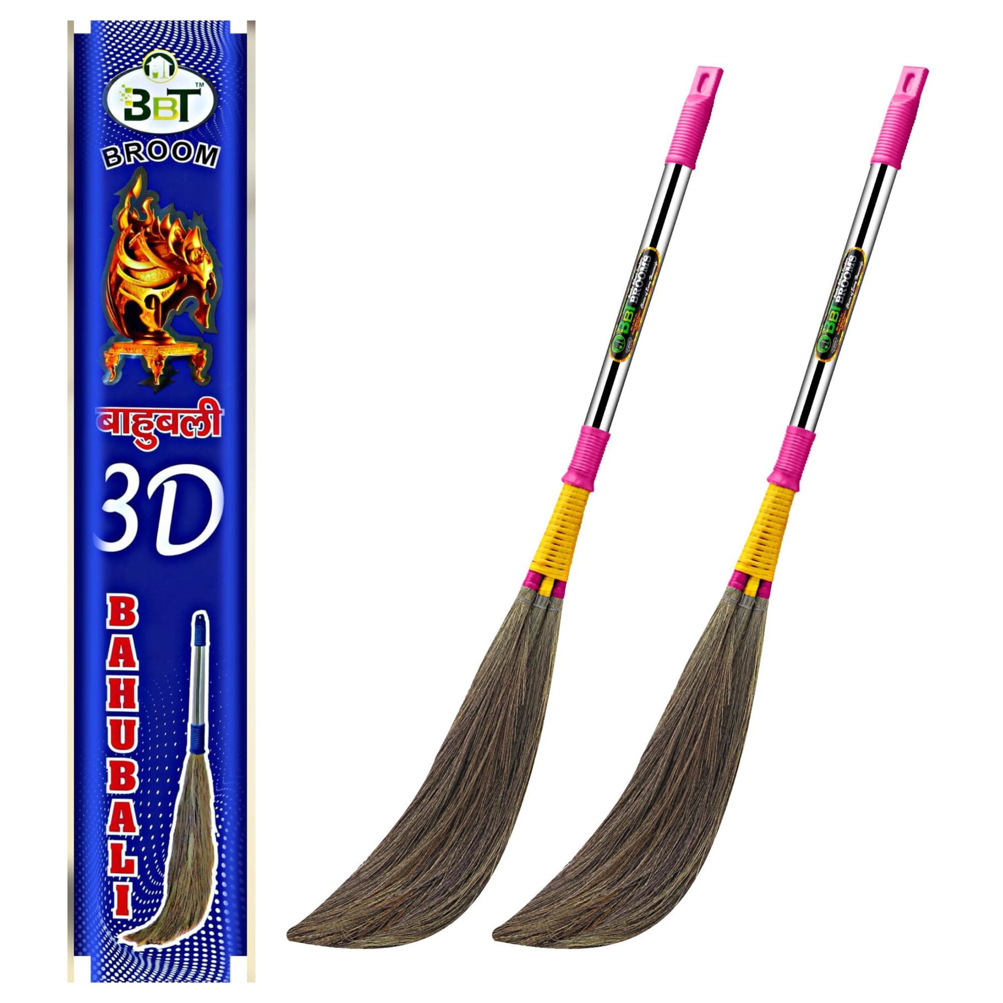 BBT Pack of 2 – Long Handle Natural Grass Broom for Home Floor Cleaning | Dust Control Jhadu | No Back Pain | Lightweight & Durable (Multi-Surface) (Bahubali 3D)