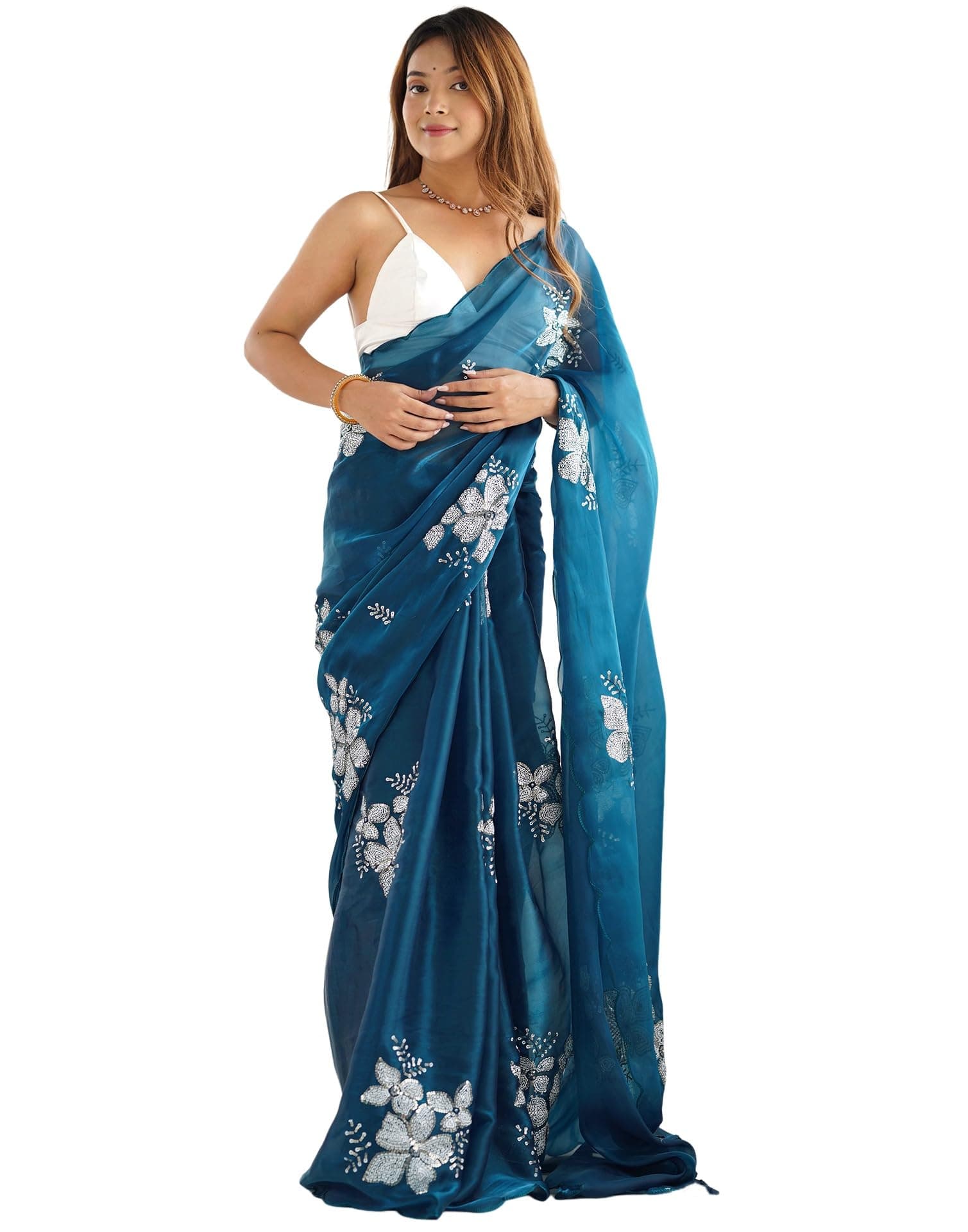 SIRIL Women's Shimmer Chiffon Sequence Embroidery Saree With Unstitched Blouse Piece