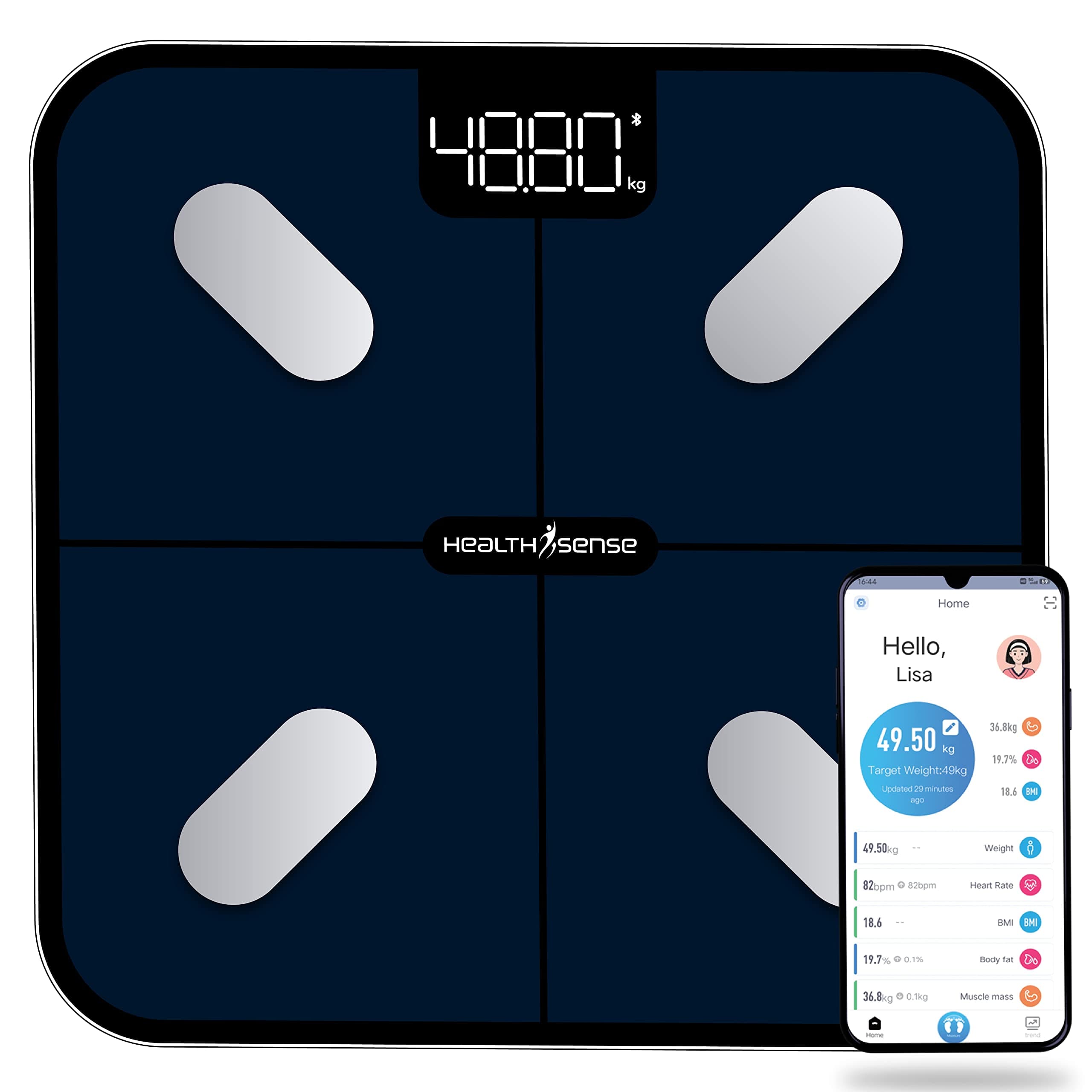 HealthSense Bluetooth BMI Weight Machine for Body Weight, Digital Body Fat Analyzer Machine & Smart Body Composition Scale with Mobile App, 15 Body Composition, LED, BIA Technology & 1 Year Warranty