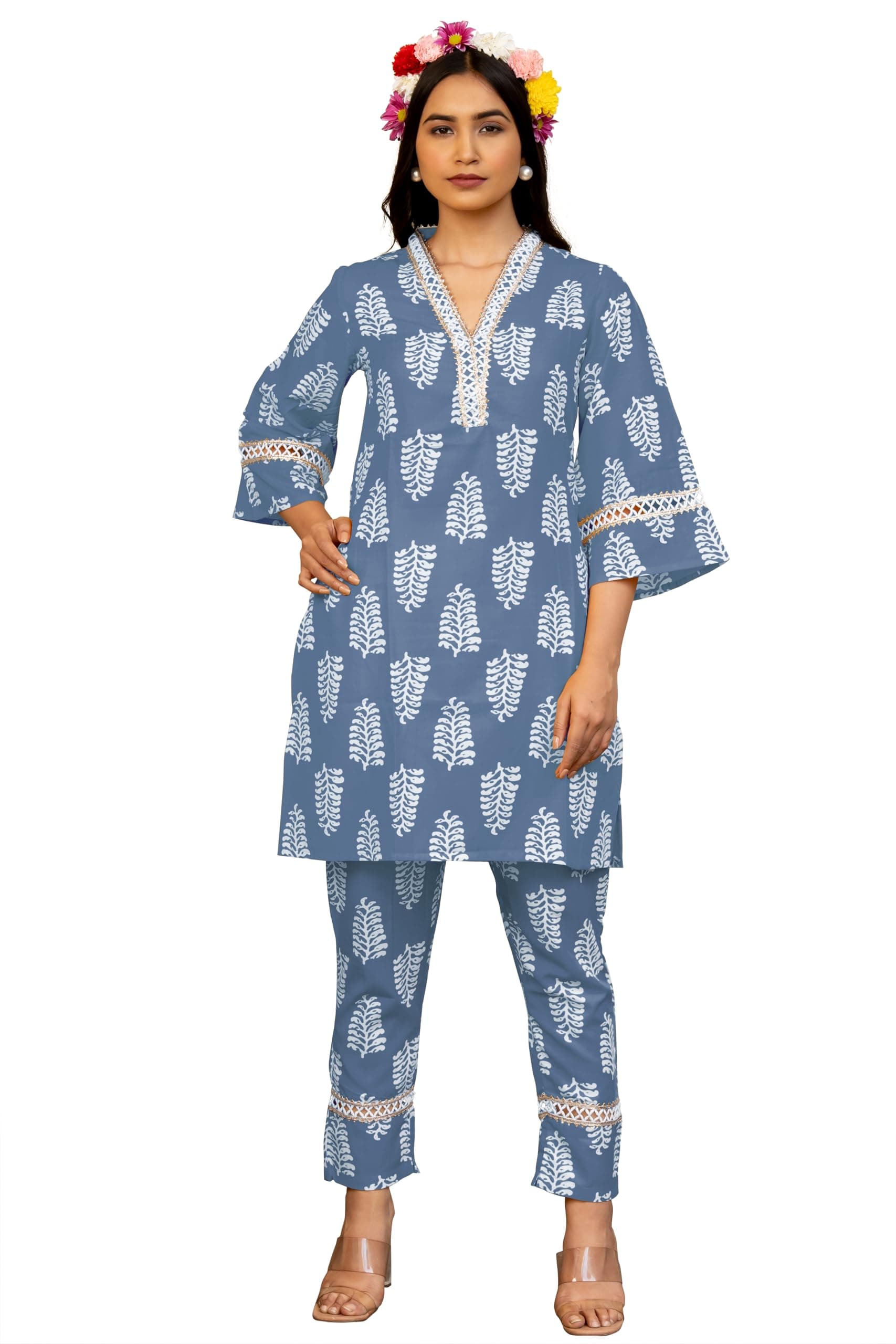 MIRCHI FASHION Women's Straight Fit Cotton Blend Foil Work Floral Printed Kurta Co-Ord Set with Pant