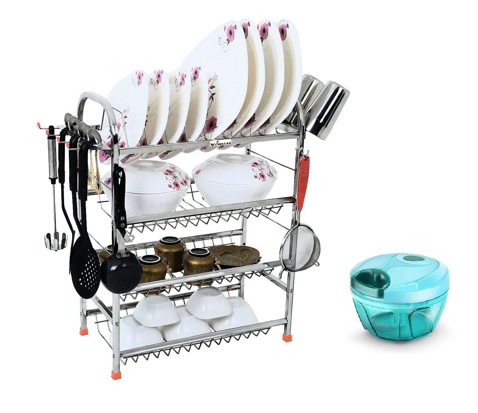 WINSTAR Stainless Steel 4 Shelf Wall Mount Kitchen Utensils Rack with MINI Chopper | Dish Rack with Plate & Cutlery Stand & Plastic Compact Vegetable Chopper (350 ml) | 24x18 in Rack | Combo Offer