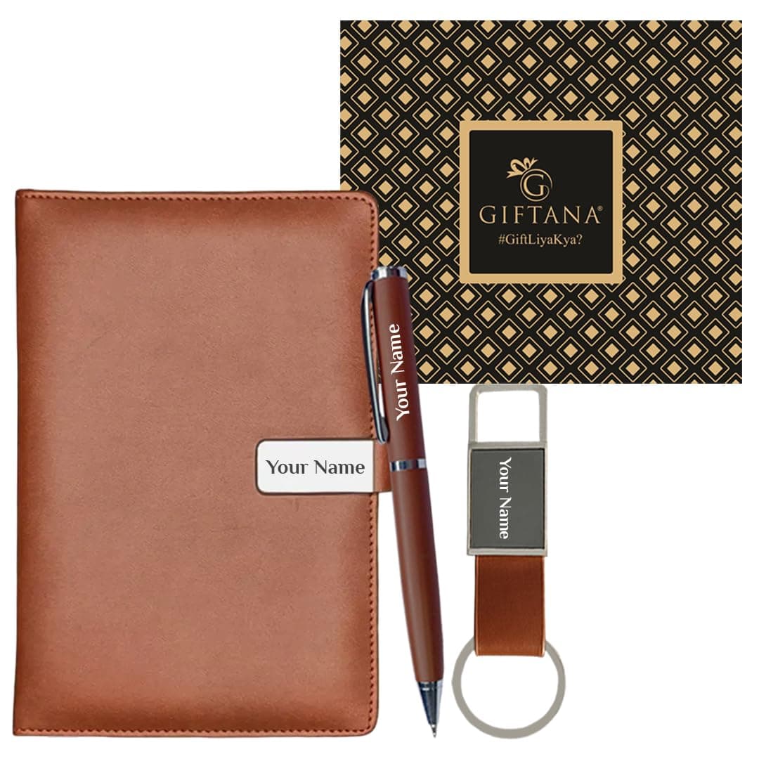 Giftana 3 in 1 Personalized Diary with Pen and Keychain Gift Set for Men & Women, Leather Hardcover Diary, Customized Notebooks Diaries for Office, Employee Welcome Kit, Corporate Gifts for Employees (Tan)