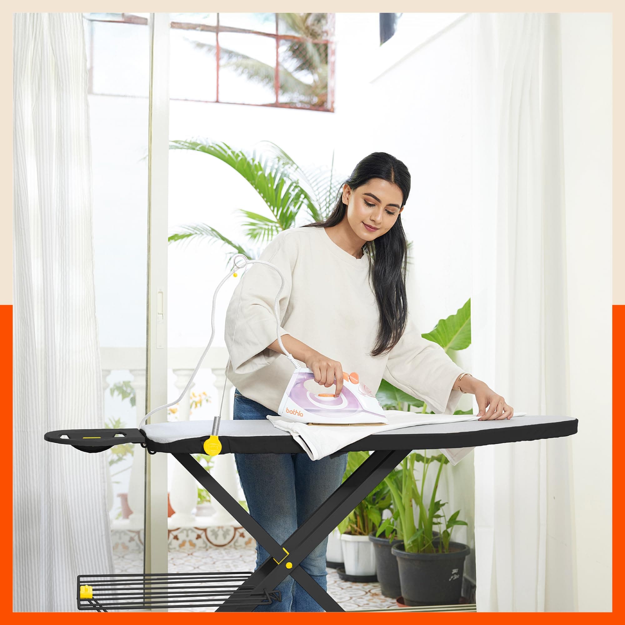 Bathla X-Pres Ace Ironing Board | Foldable & Height Adjustable | Table with Iron Holder & Wire Manager | Quick Pressing with Aluminised Table Cover | 2 Year Warranty | Black & Yellow