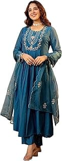 Nermosa Women Embroidery Solid A-Line Kurta and Pant Set with Dupatta