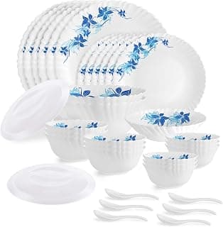 CELLO Blue Swirl Dazzle Series Opalware Dinner Set of 35 Pieces for Family of 6 | Bone-Ash Free & Leadfree Opal Glass, Microwave & Dishwasher Safe, Plates & Bowls Crockery Set for Dining & Gifting