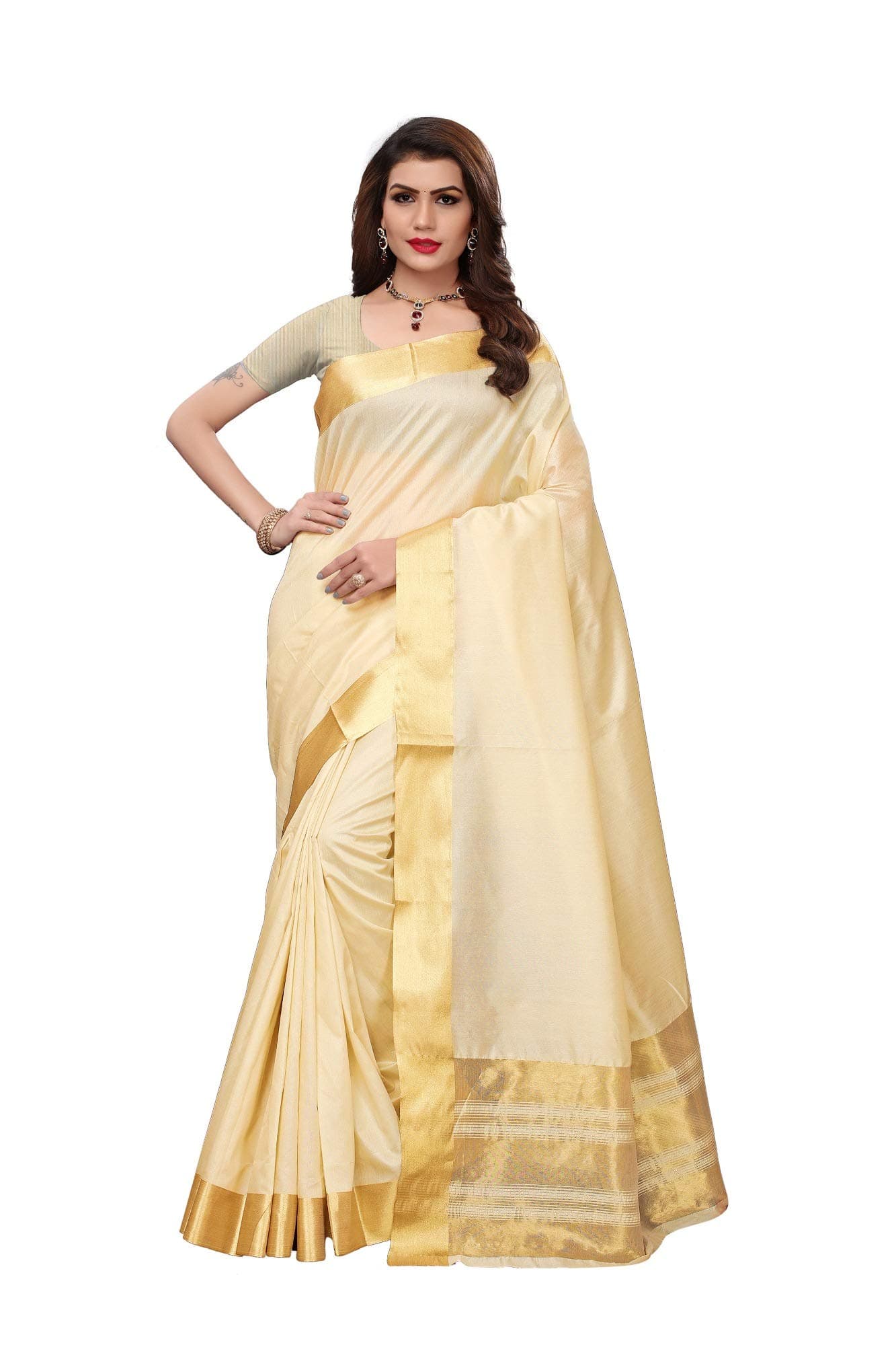 Priyashi Womens Solid Cotton Silk Saree With Blouse Piece(KERALA COTTON_Free Size)