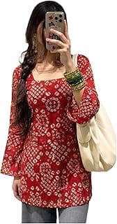 ANNI DESIGNER Women’s Viscose Blend Printed Short Kurti | Straight Fit Casual Ethnic Top | Square Neck Full Sleeve Kurta Office College