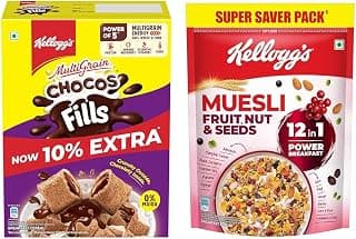 Kellogg's Chocos Fills 250g | Double Chocolaty, Anytime Snack | 3 Grains: Oats, Wheat & Rice, + Kellogg's Muesli Fruit Nut & Seeds 750G | 12-In-1 Power Breakfast | India'S No. 1 Muesli |