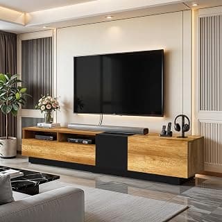 ABOUT SPACE TV Unit - Engineered Wooden TV Stand Table Cabinet with Drop Down Doors & 2 tier closed Compartment Cable Hole for WiFi Router Stand for Living Room (CM Oak& Black- L180 x B40.5 x H43.5cm)