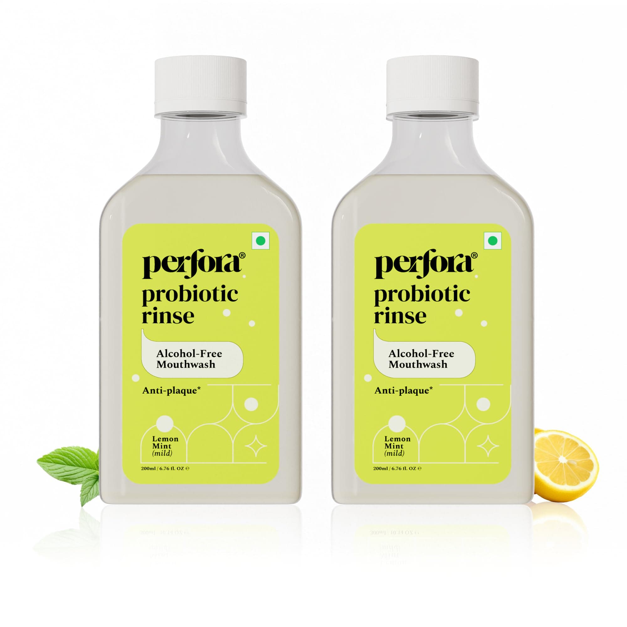 Perfora Lemon Mint Mouth Wash | Mouth Freshener with Probiotics, Hyaluronic Acid, & Vitamin C | No Artificial Flavors & Colors | Alcohol Free | Suitable for Men, Women, Children | Pack of 2 (200ml)