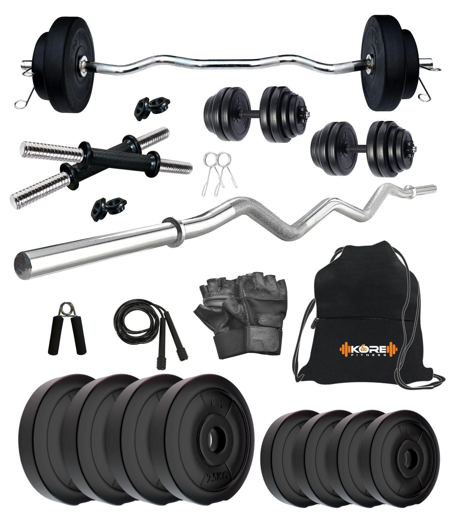 Kore PVC 14 Kg Home Gym Set with One 3 Ft Curl and One Pair Dumbbell Rods with Gym Accessories, Black