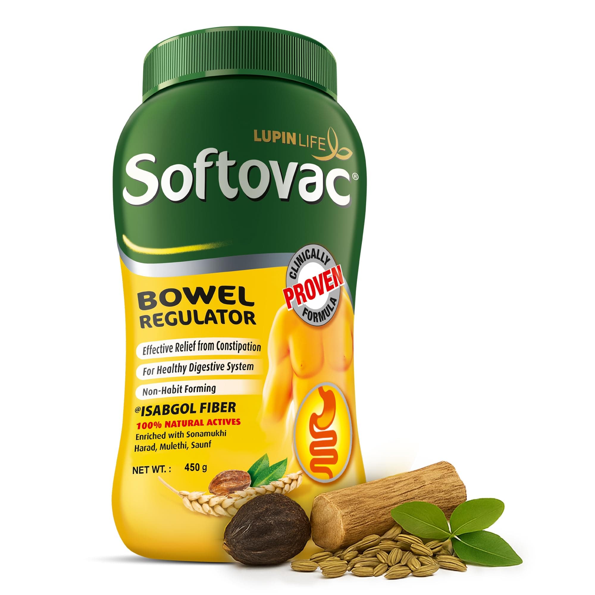 Softovac Isabgol Fiber Plus+ Natural Actives 450g | Psyllium Husk | Complete Relief from Constipation | Gentle on Stomach, Boosts Gut Health - Natural Bowel Regulator for Adults