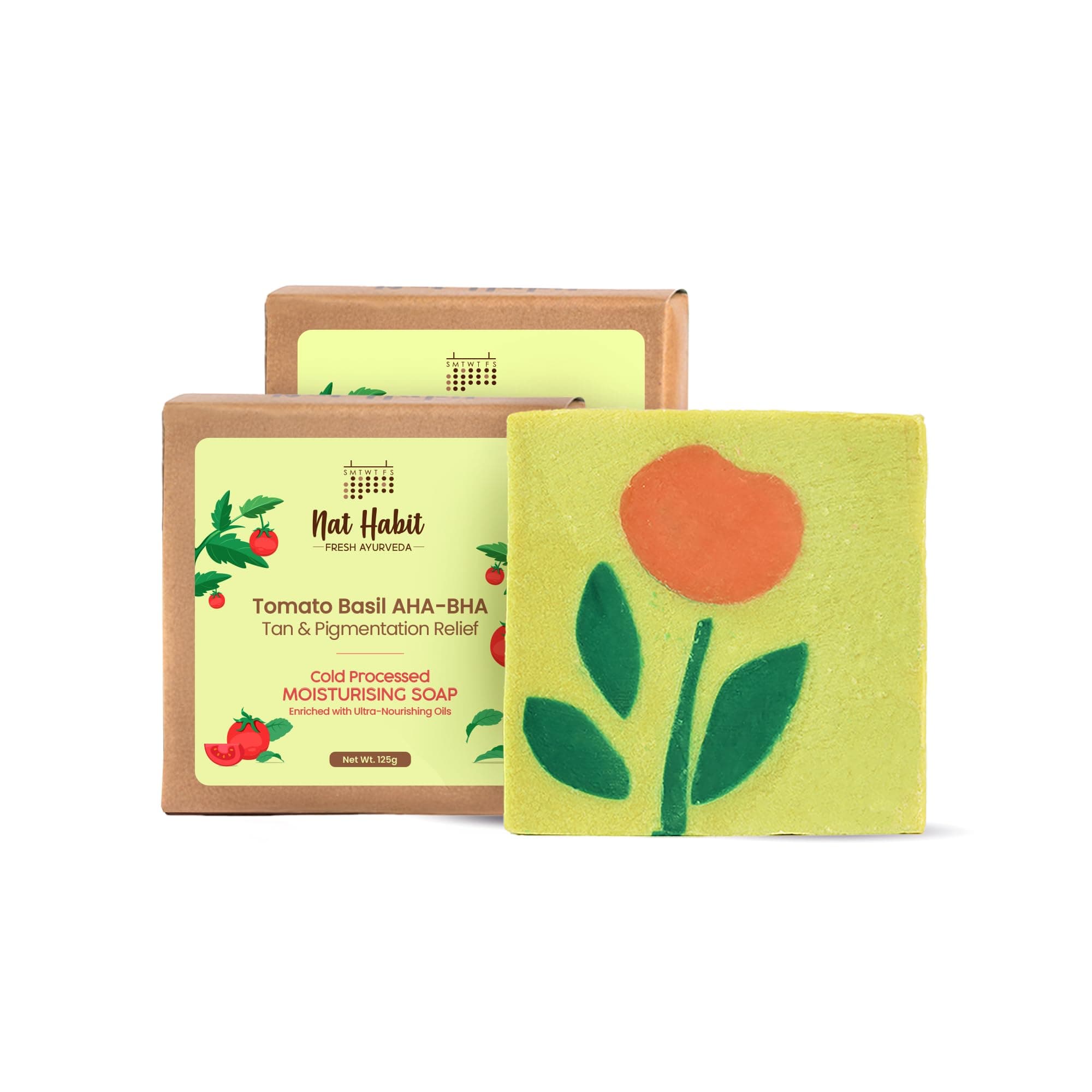 Nat Habit Cold Processed Tomato Basil AHA-BHA Soap | De-Tan & Pigmentation Relief | Natural Lactic & Salicylic Acid | UV Protection | Handmade | Sulphate & Paraben Free | Pack of 2 X 125g